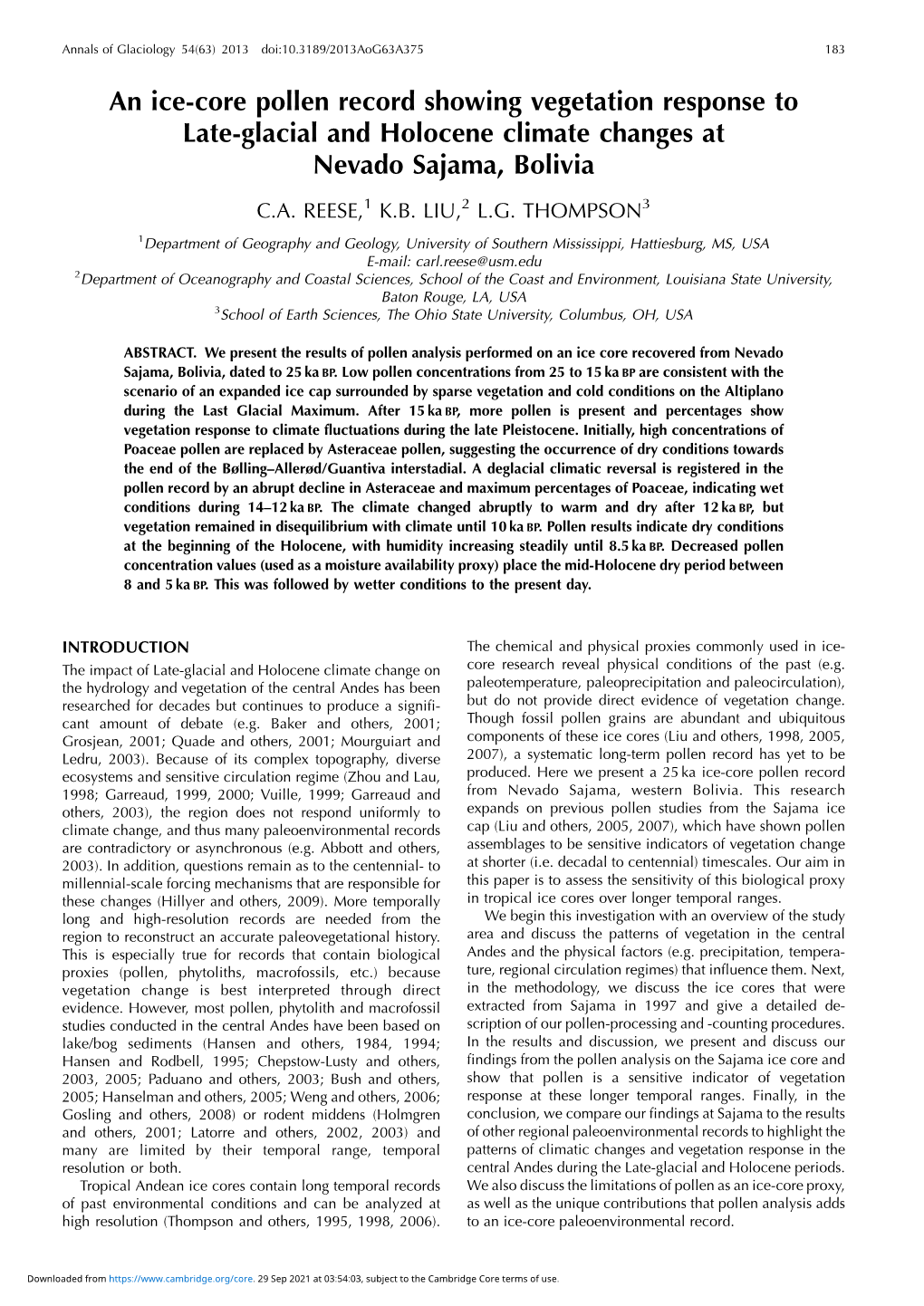 An Ice-Core Pollen Record Showing Vegetation Response to Late-Glacial and Holocene Climate Changes at Nevado Sajama, Bolivia