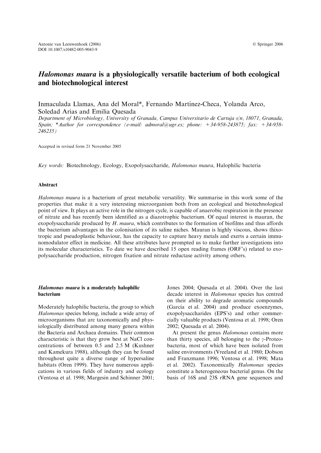 Halomonas Maura Is a Physiologically Versatile Bacterium of Both Ecological and Biotechnological Interest