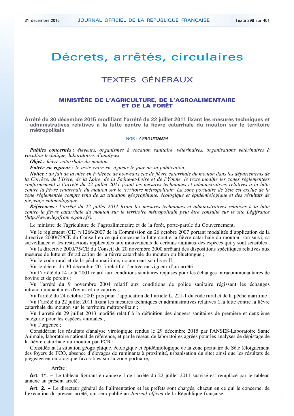 JOURNAL OFFICIEL DE LA RÉPUBLIQUE FRANÇAISE Texte 298 Sur 401