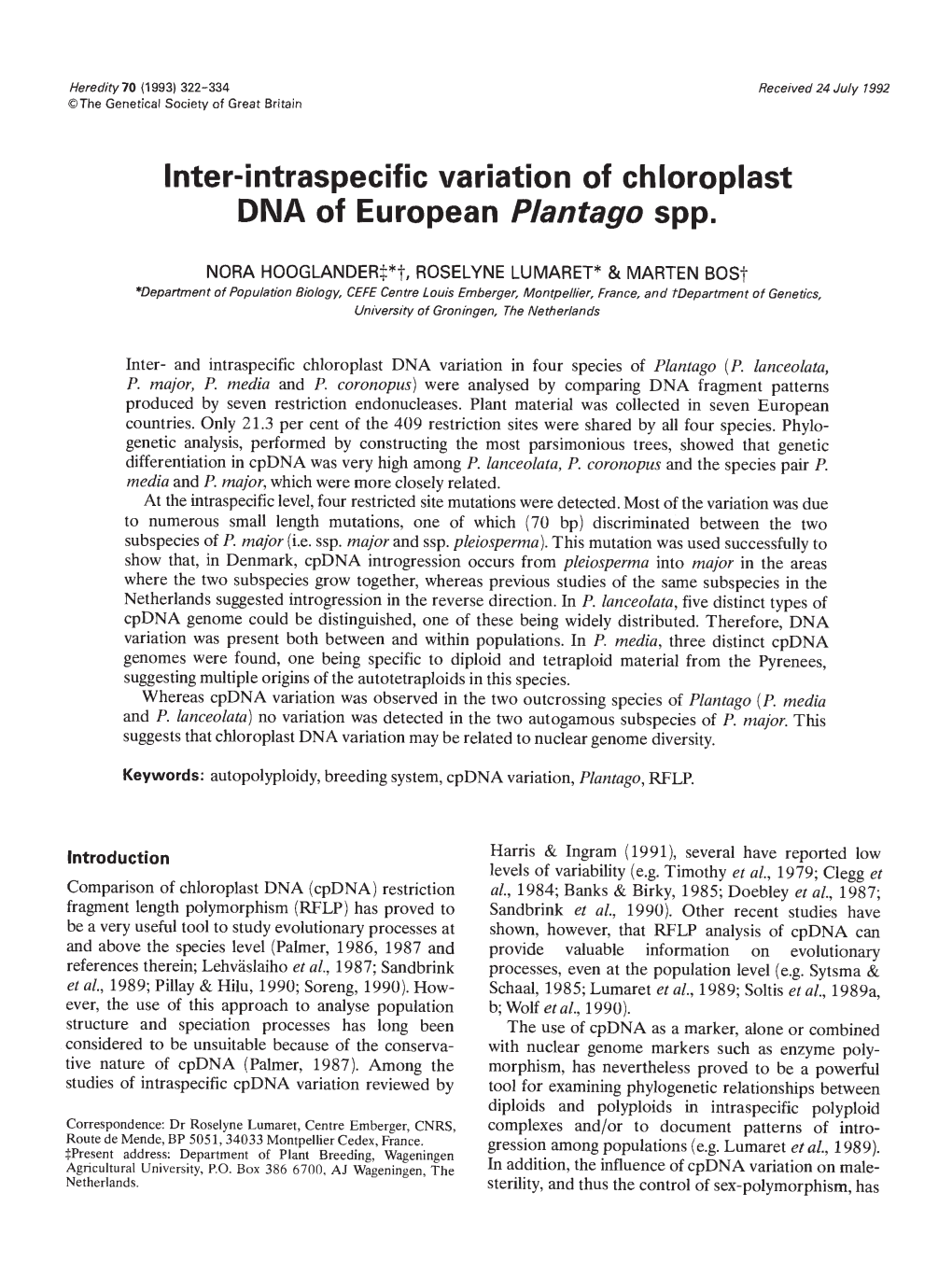 Inter-Intraspecific Variation of Chioroplast DNA of European Plantago Spp