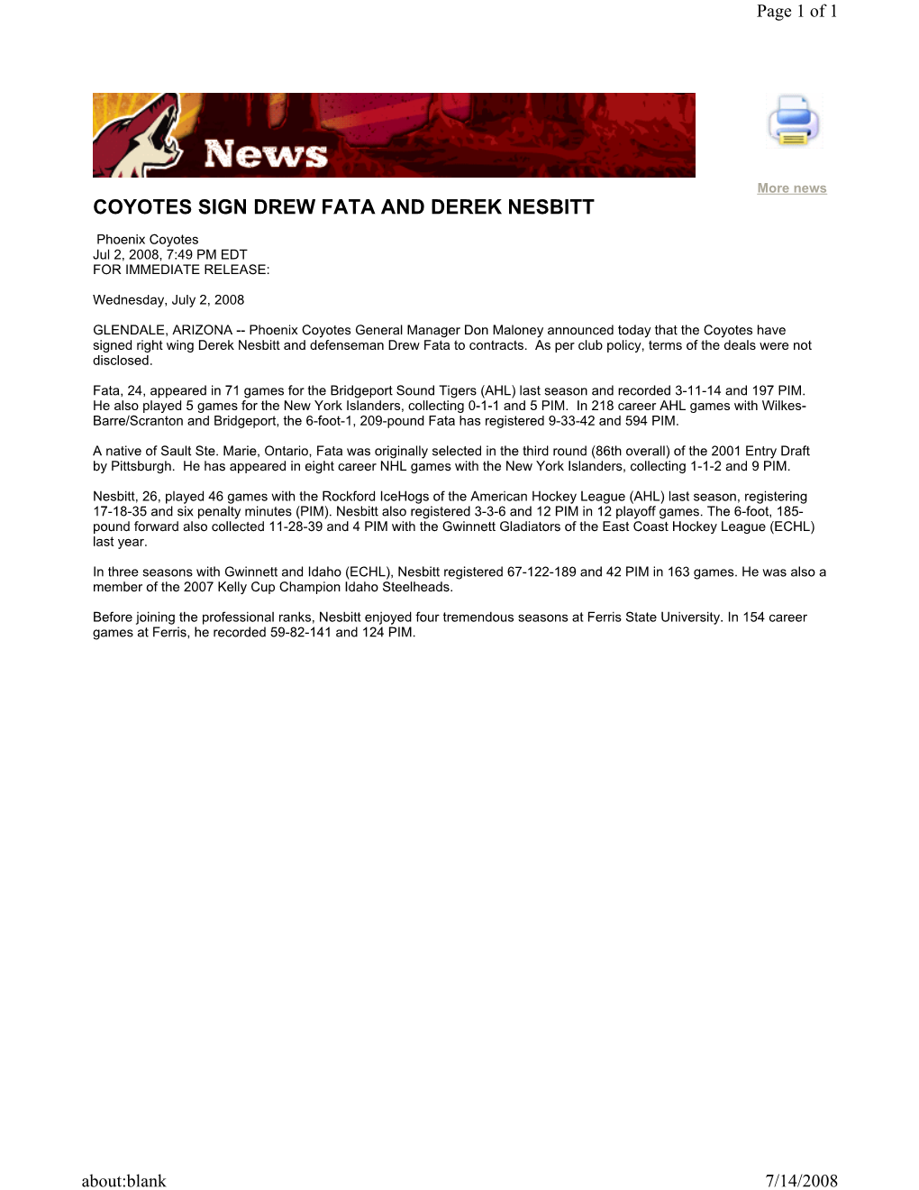 Coyotes Sign Drew Fata and Derek Nesbitt