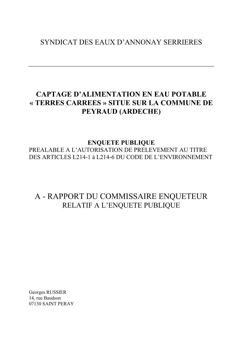 Rapport D'enquête Loi Sur L'eau Puits Terres Carrées À Peyraud.Docx