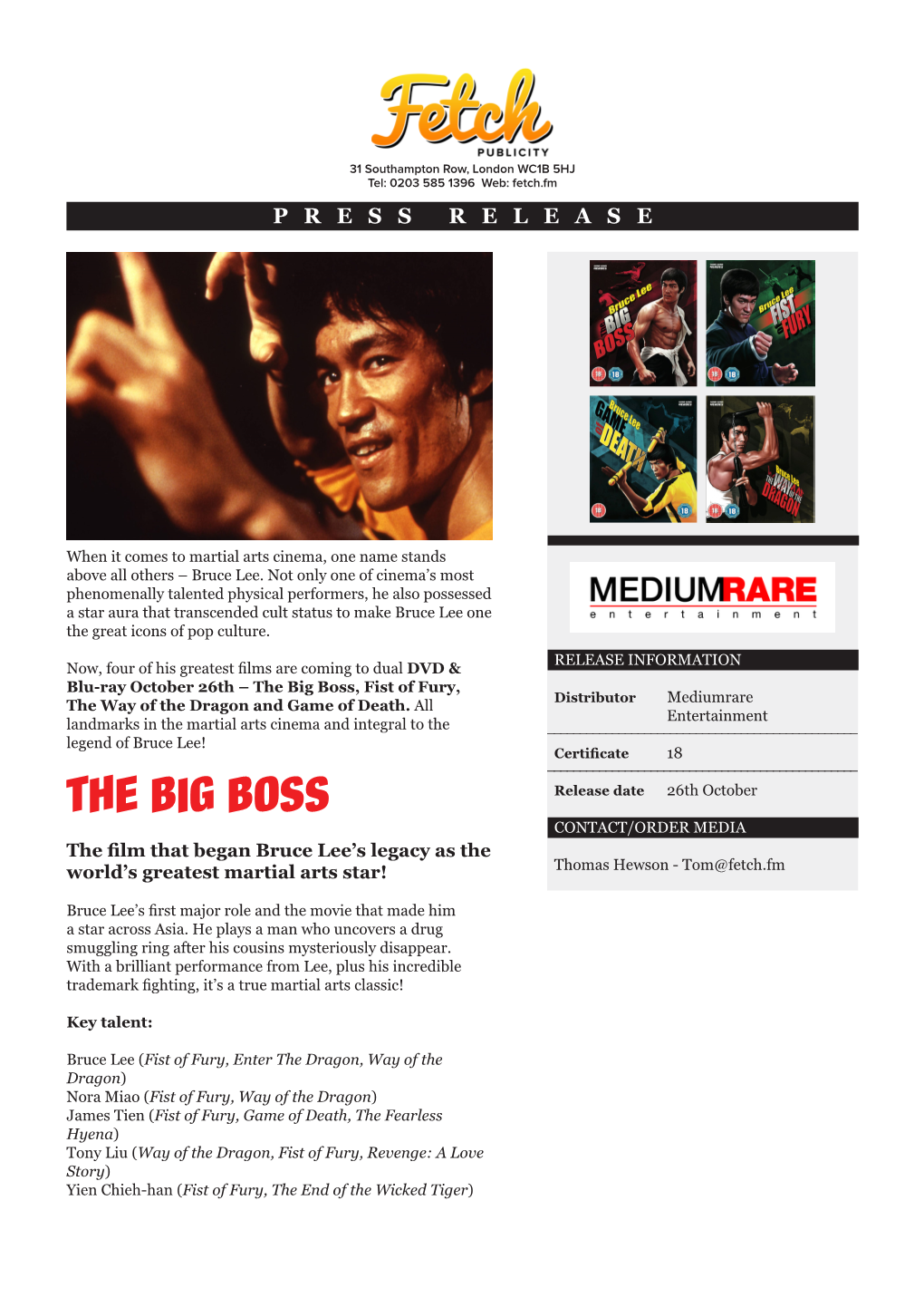 The Big Boss, Fist of Fury, Distributor Mediumrare the Way of the Dragon and Game of Death