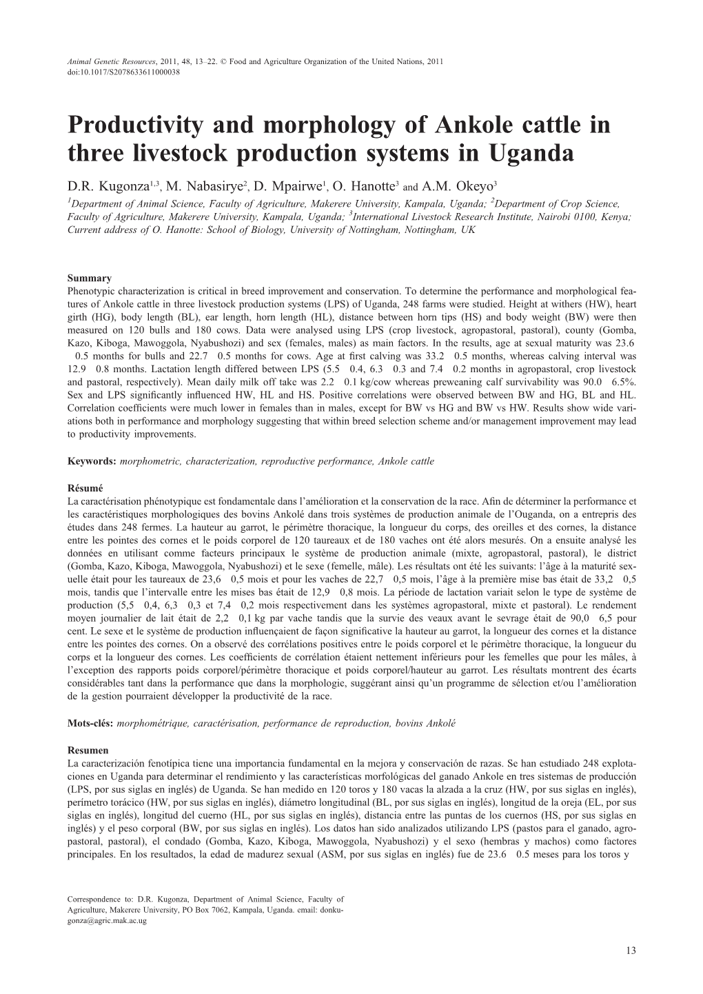 Productivity and Morphology of Ankole Cattle in Three Livestock Production Systems in Uganda