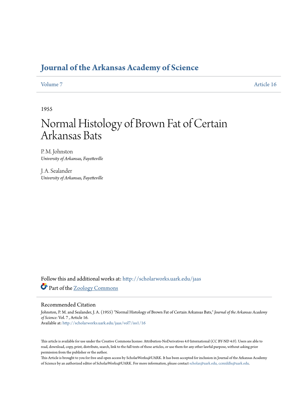 Normal Histology of Brown Fat of Certain Arkansas Bats P