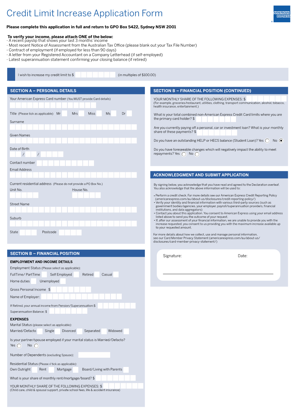 Credit Limit Increase Application Form