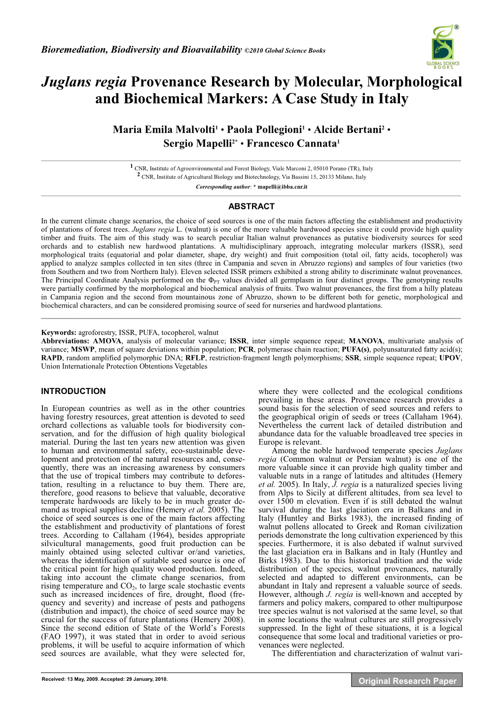 Juglans Regia Provenance Research by Molecular, Morphological and Biochemical Markers: a Case Study in Italy