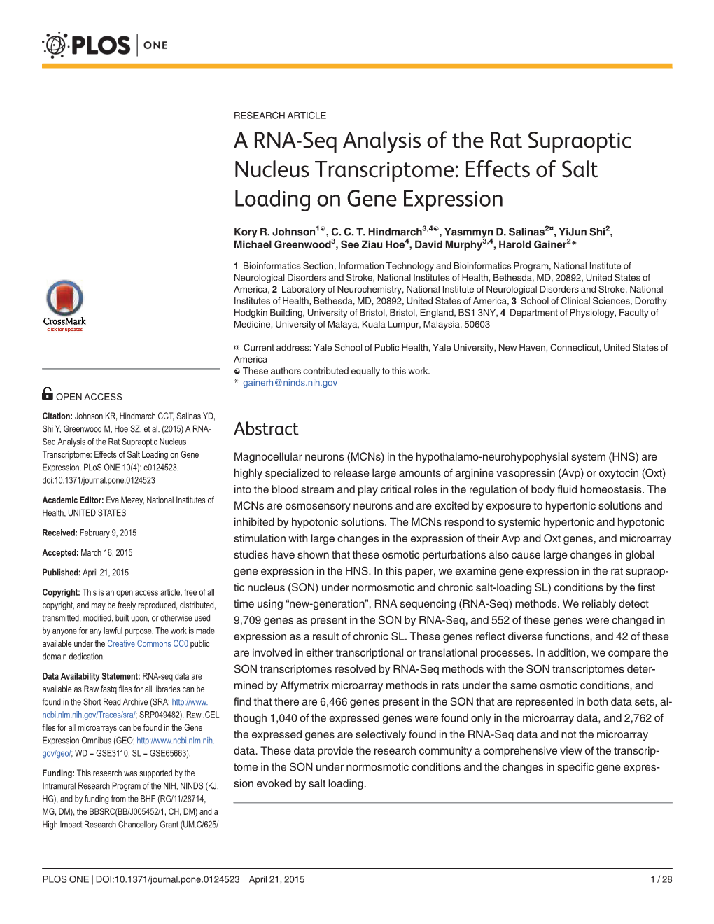 A RNA-Seq Analysis of the Rat Supraoptic Nucleus Transcriptome: Effects of Salt Loading on Gene Expression