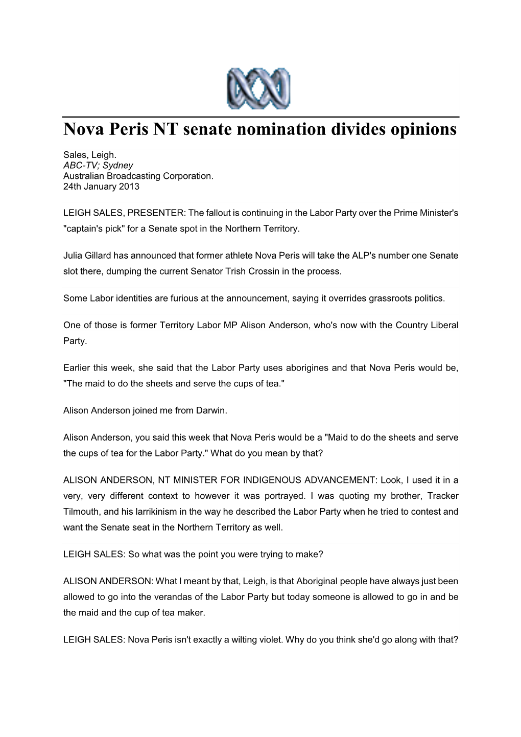 Nova Peris NT Senate Nomination Divides Opinions