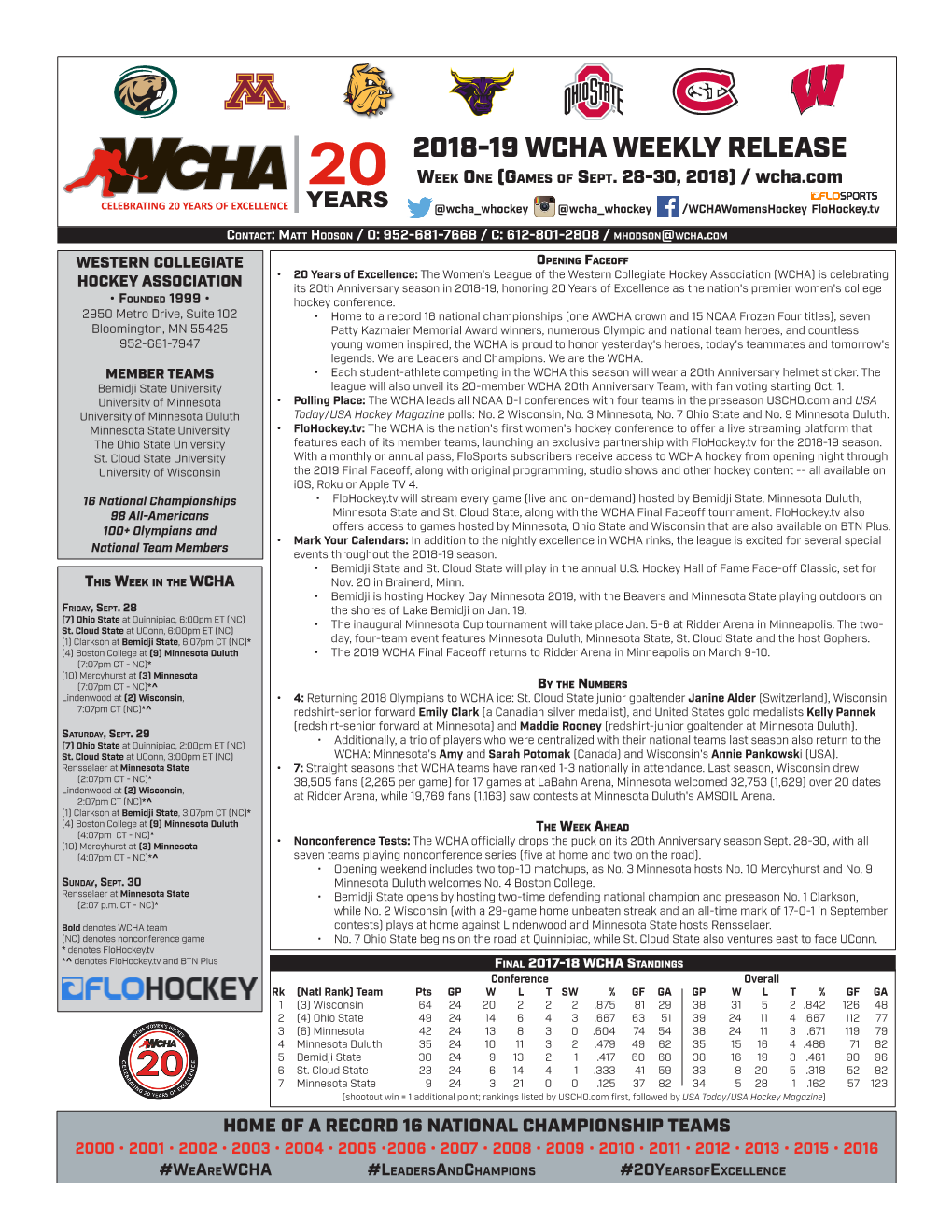 2018-19 WCHA WEEKLY RELEASE 20 Week One (Games of Sept