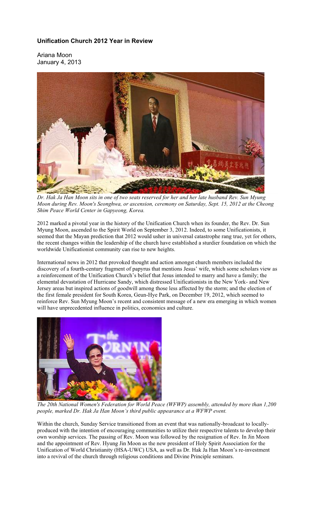 Unification Church 2012 Year in Review