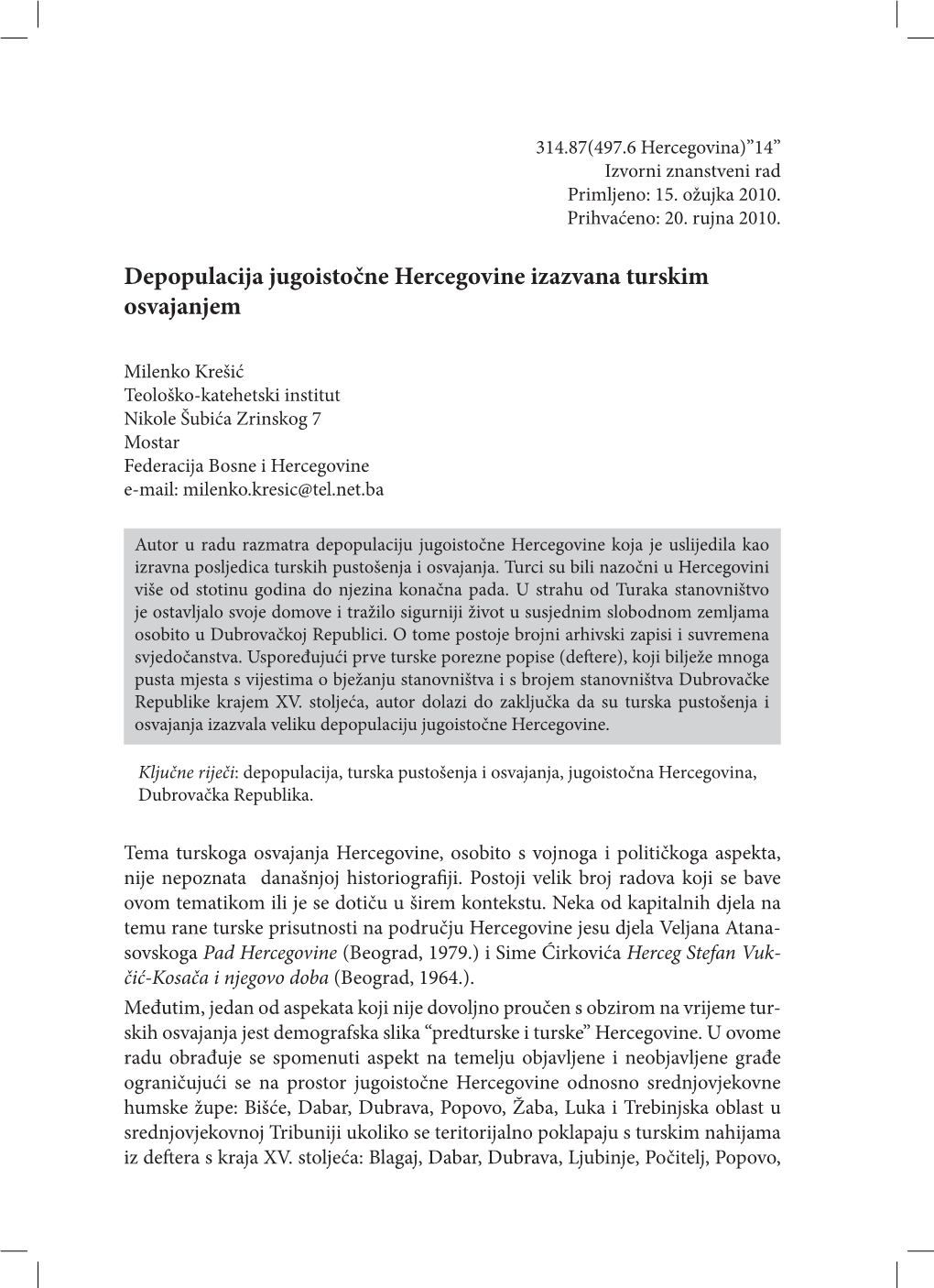 Depopulacija Jugoistočne Hercegovine Izazvana Turskim Osvajanjem