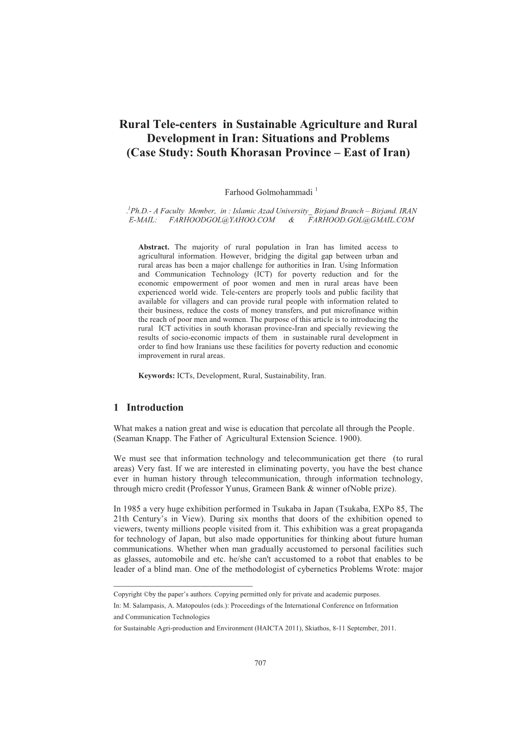 Rural Tele-Centers in Sustainable Agriculture and Rural Development in Iran: Situations and Problems (Case Study: South Khorasan Province – East of Iran)