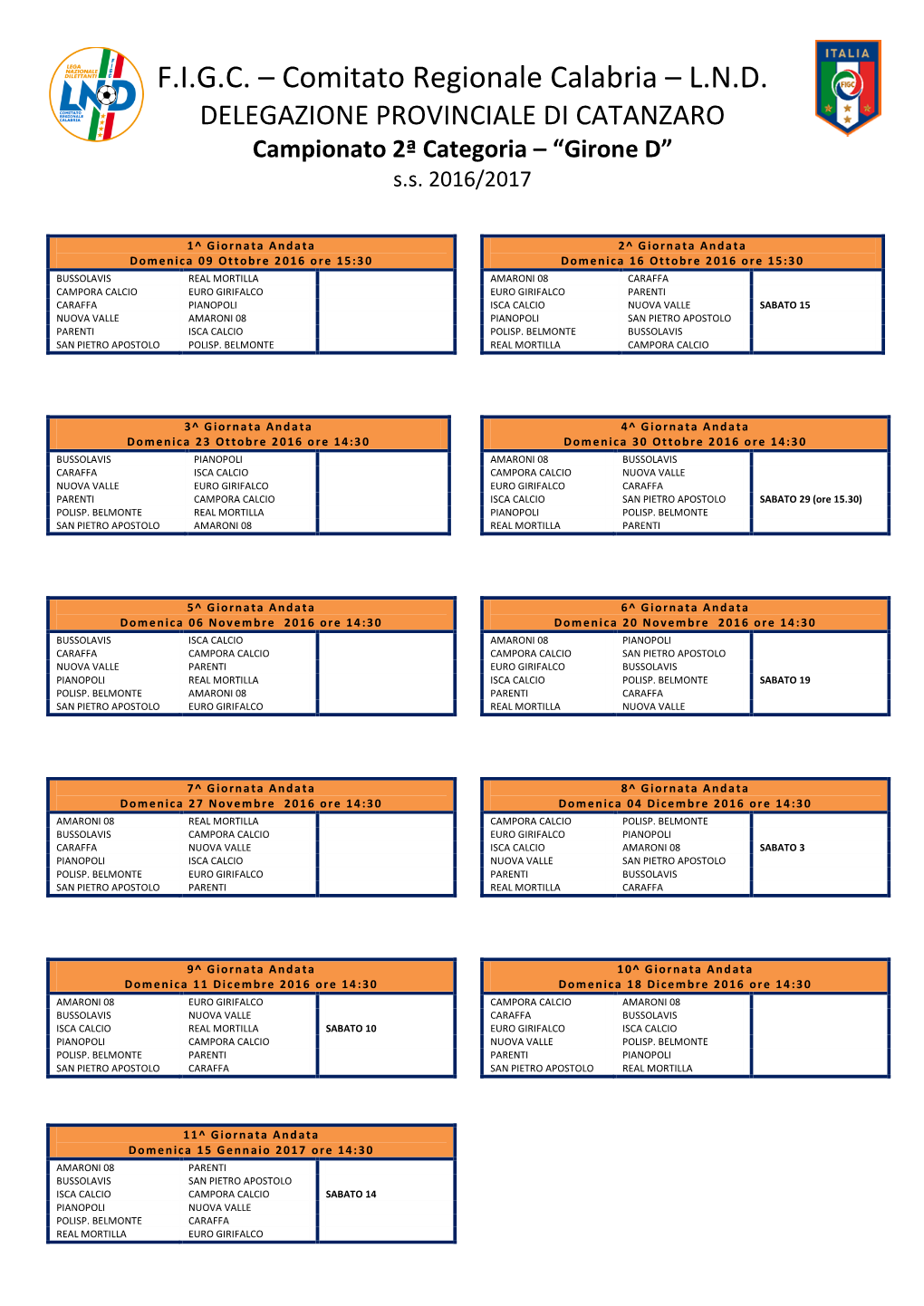 F.I.G.C. – Comitato Regionale Calabria – L.N.D. DELEGAZIONE PROVINCIALE DI CATANZARO Campionato 2ª Categoria – “Girone D” S.S