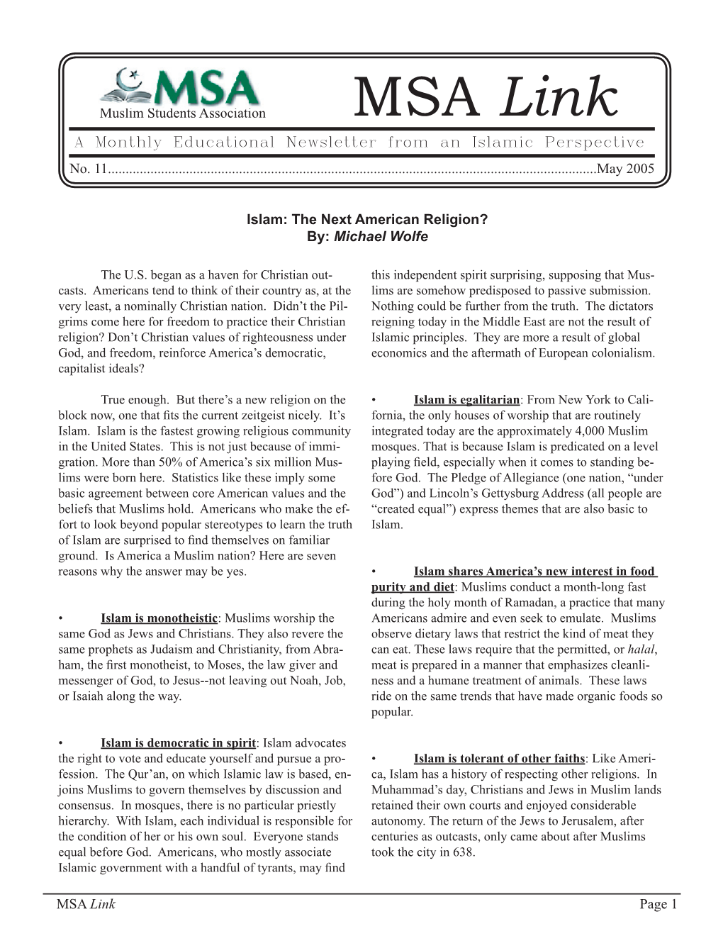 MSA Link a Monthly Educational Newsletter from an Islamic Perspective No