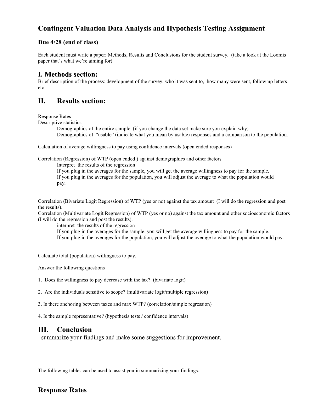 Contingent Valuation Data Analysis and Hypothesis Testing