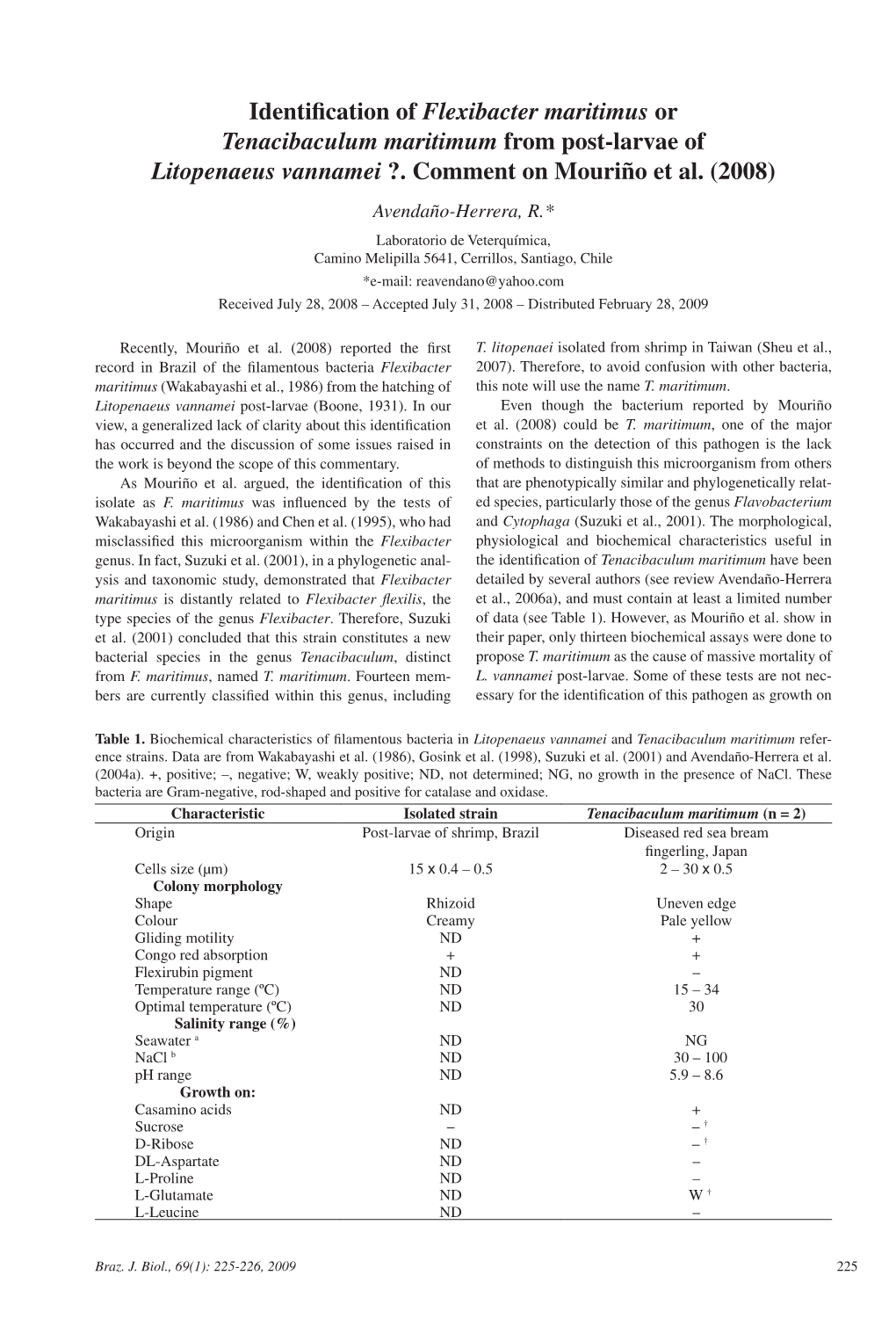 Identification of Flexibacter Maritimus Or Tenacibaculum Maritimum From