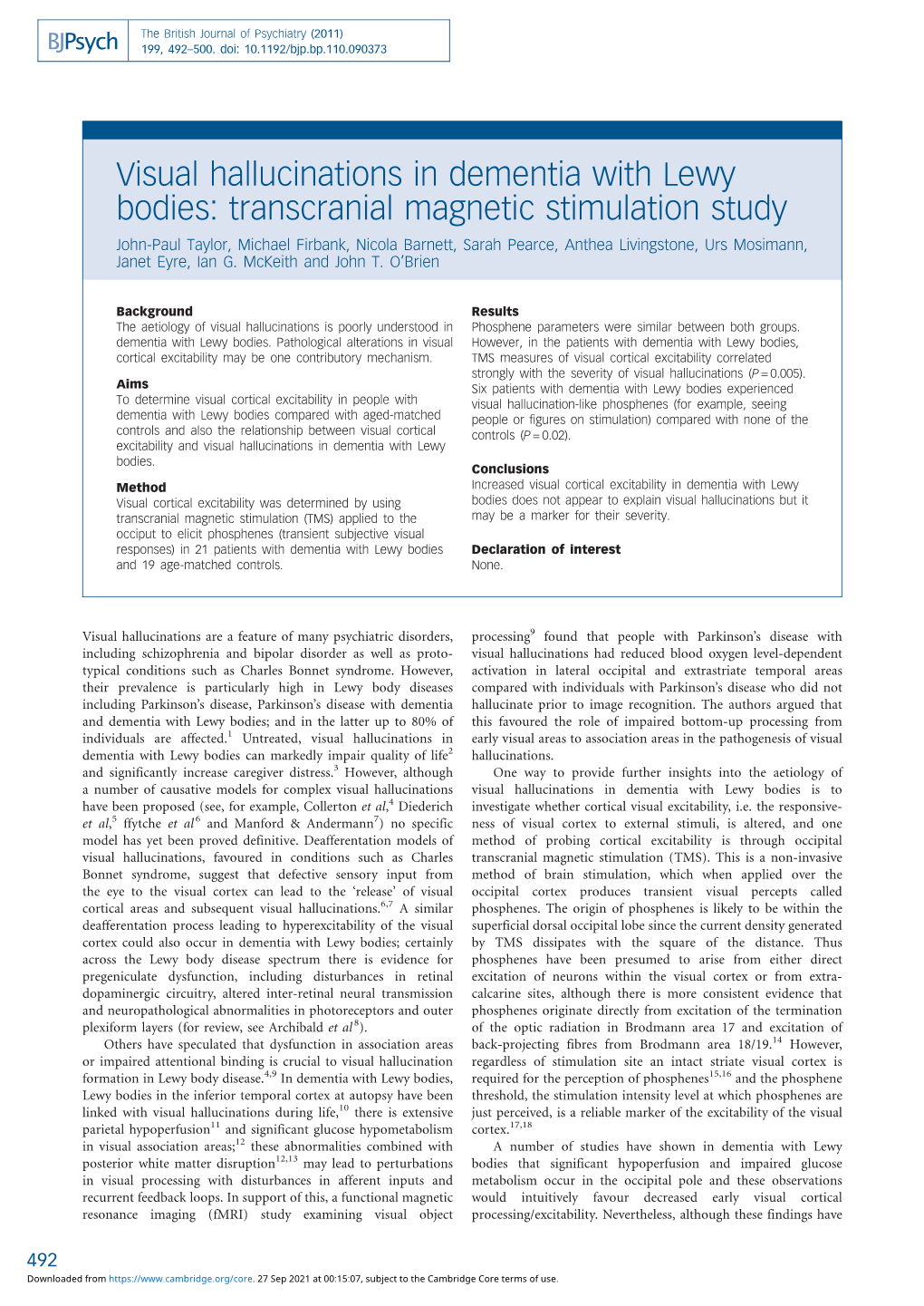 Visual Hallucinations in Dementia with Lewy Bodies: Transcranial Magnetic