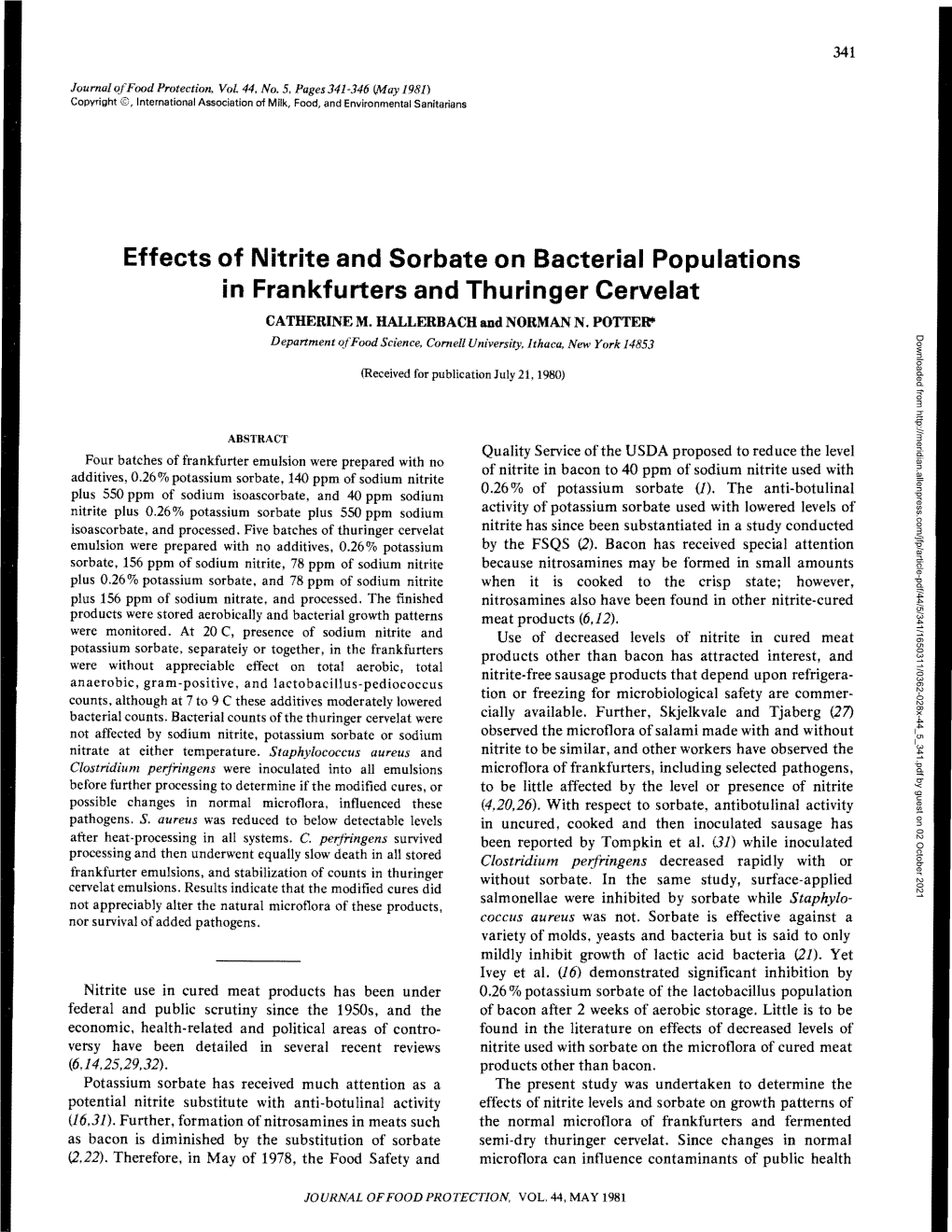 Effects of Nitrite and Sorbate on Bacterial Populations in Frankfurters and Thuringer Cervelat CATHERINE M