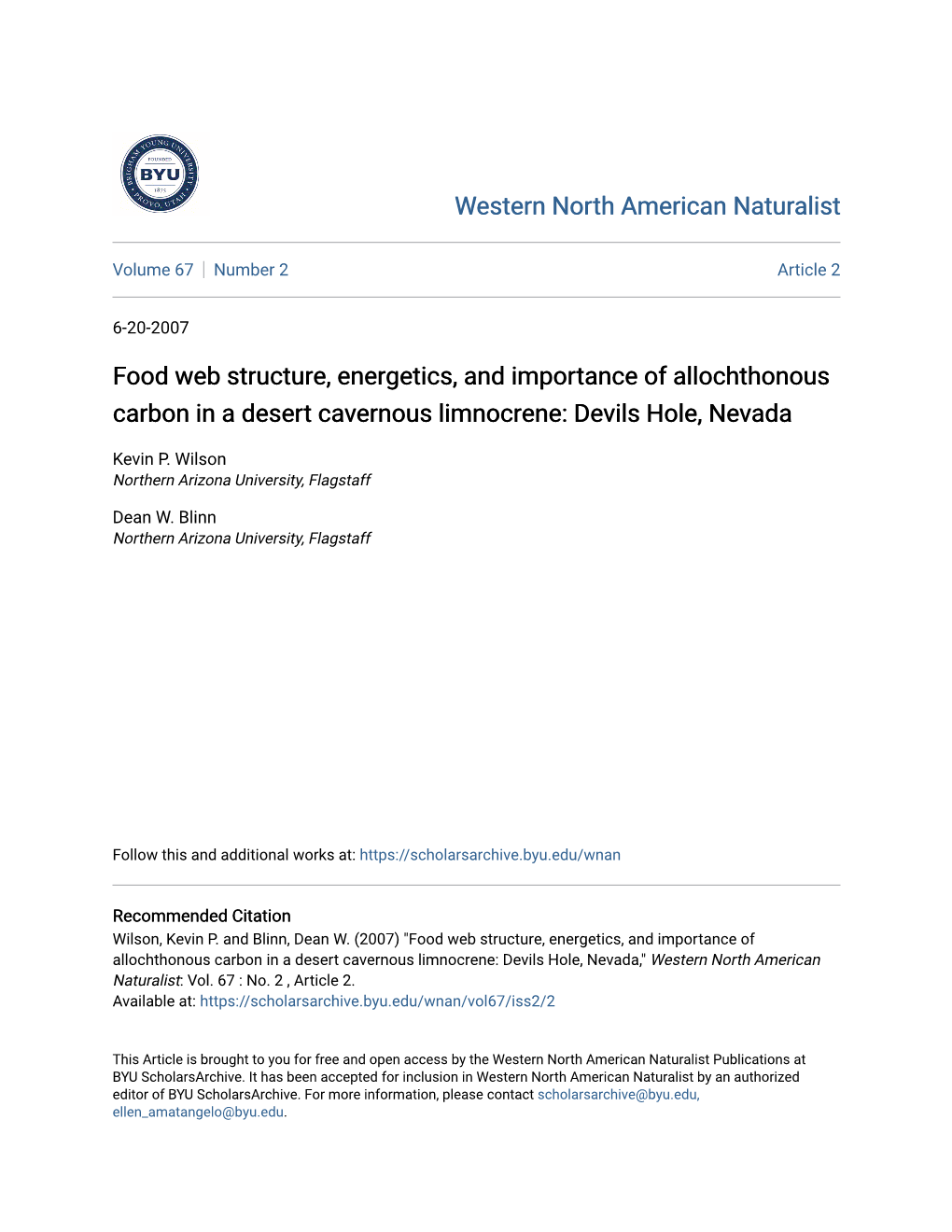 Food Web Structure, Energetics, and Importance of Allochthonous Carbon in a Desert Cavernous Limnocrene: Devils Hole, Nevada