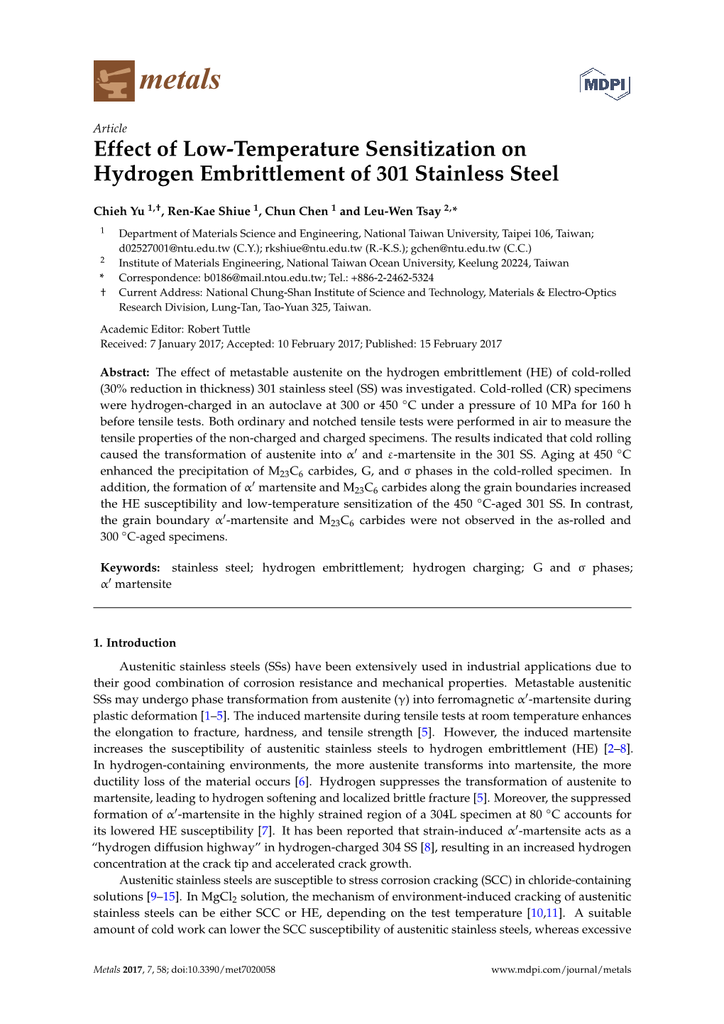 Effect of Low-Temperature Sensitization on Hydrogen Embrittlement of 301 Stainless Steel