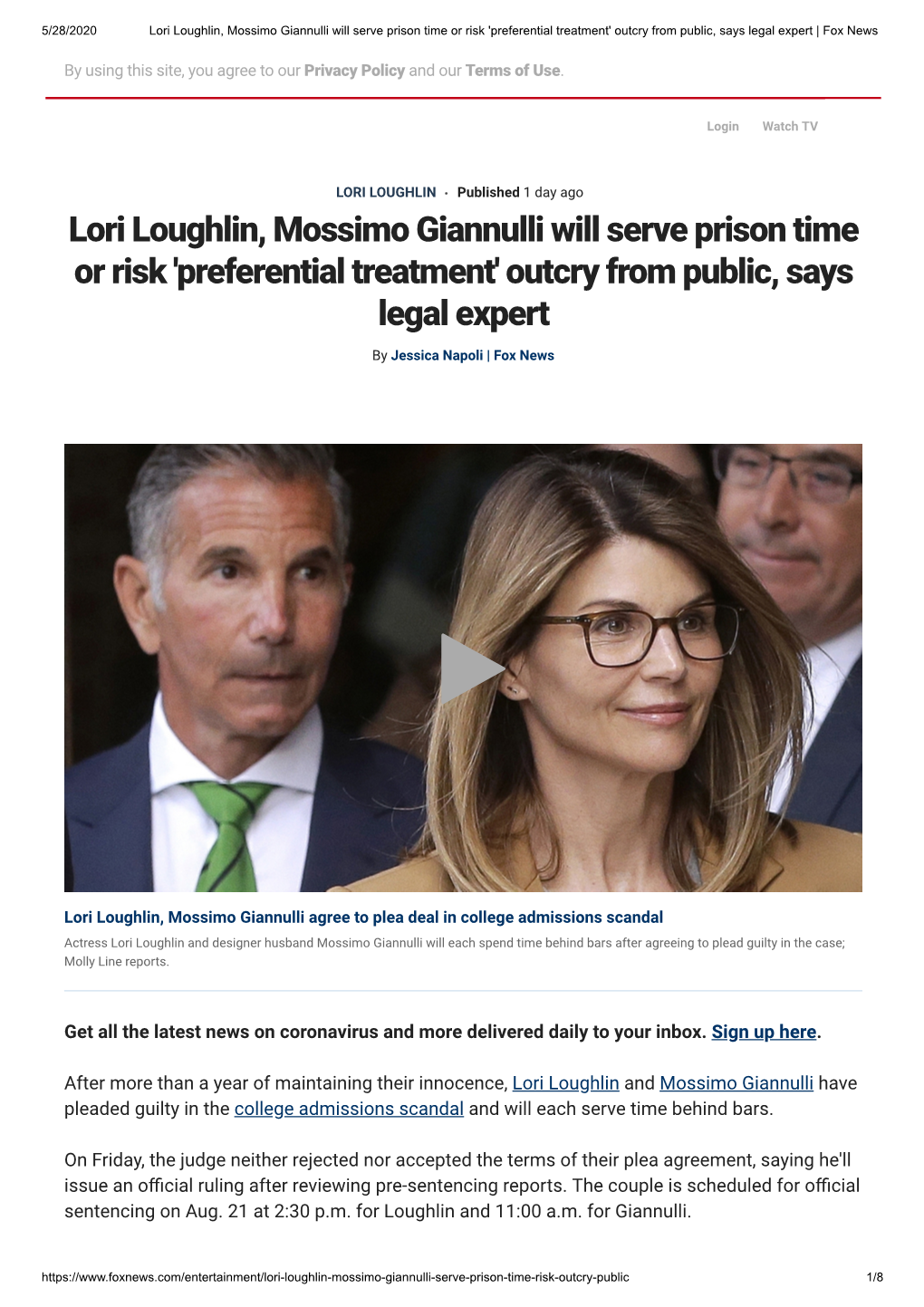 Lori Loughlin, Mossimo Giannulli Will Serve Prison Time Or Risk 'Preferential Treatment' Outcry from Public, Says Legal Expert | Fox News