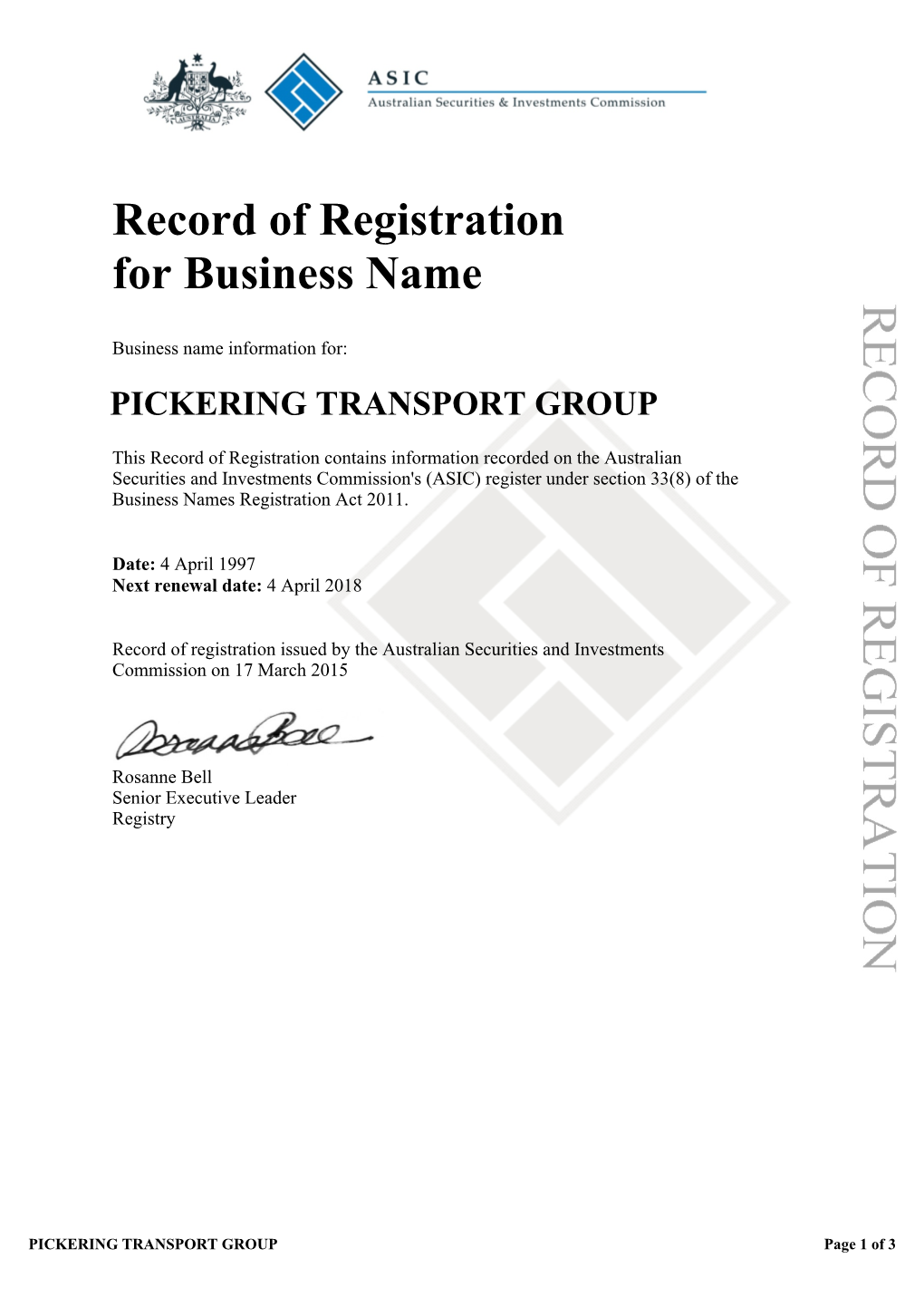 Record of Registration for Business Name