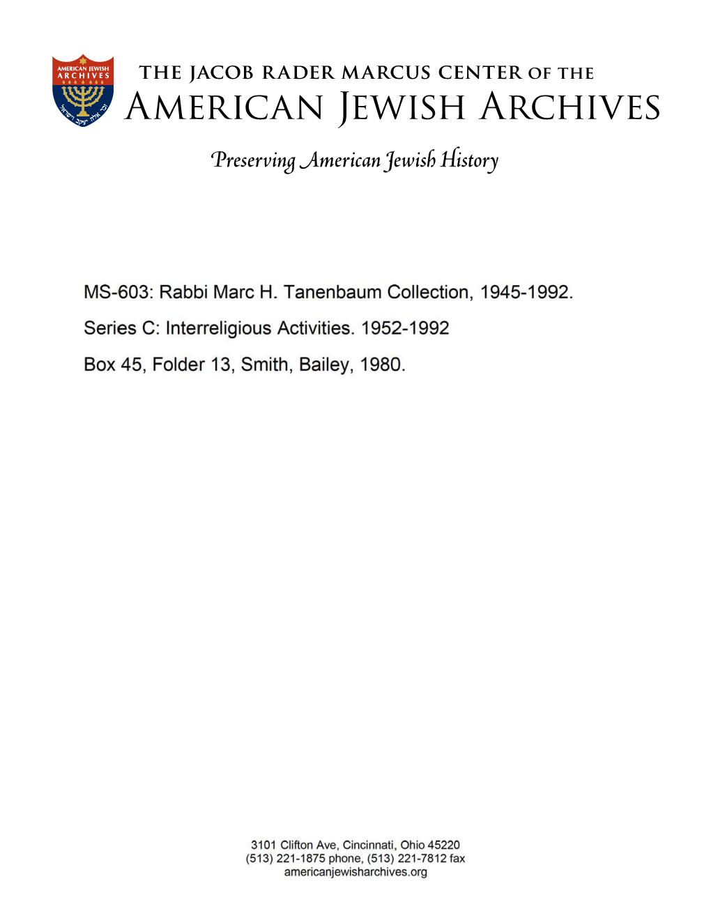 MS-603: Rabbi Marc H. Tanenbaum Collection, 1945-1992