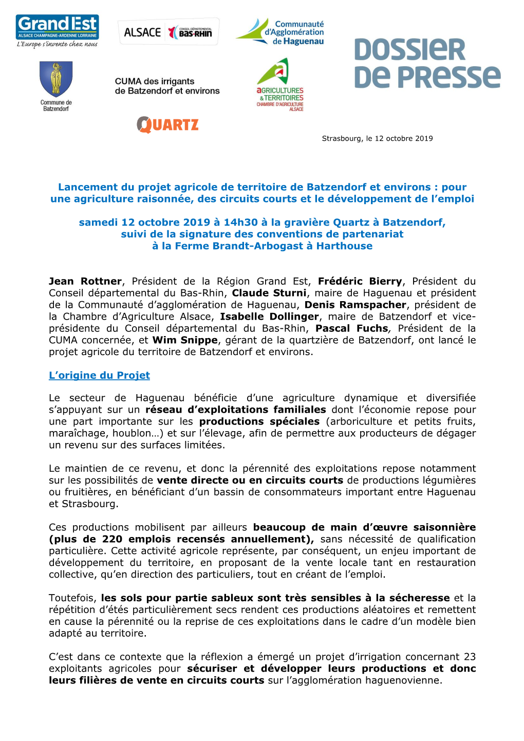 Lancement Du Projet Agricole De Territoire De Batzendorf Et Environs : Pour Une Agriculture Raisonnée, Des Circuits Courts Et Le Développement De L’Emploi