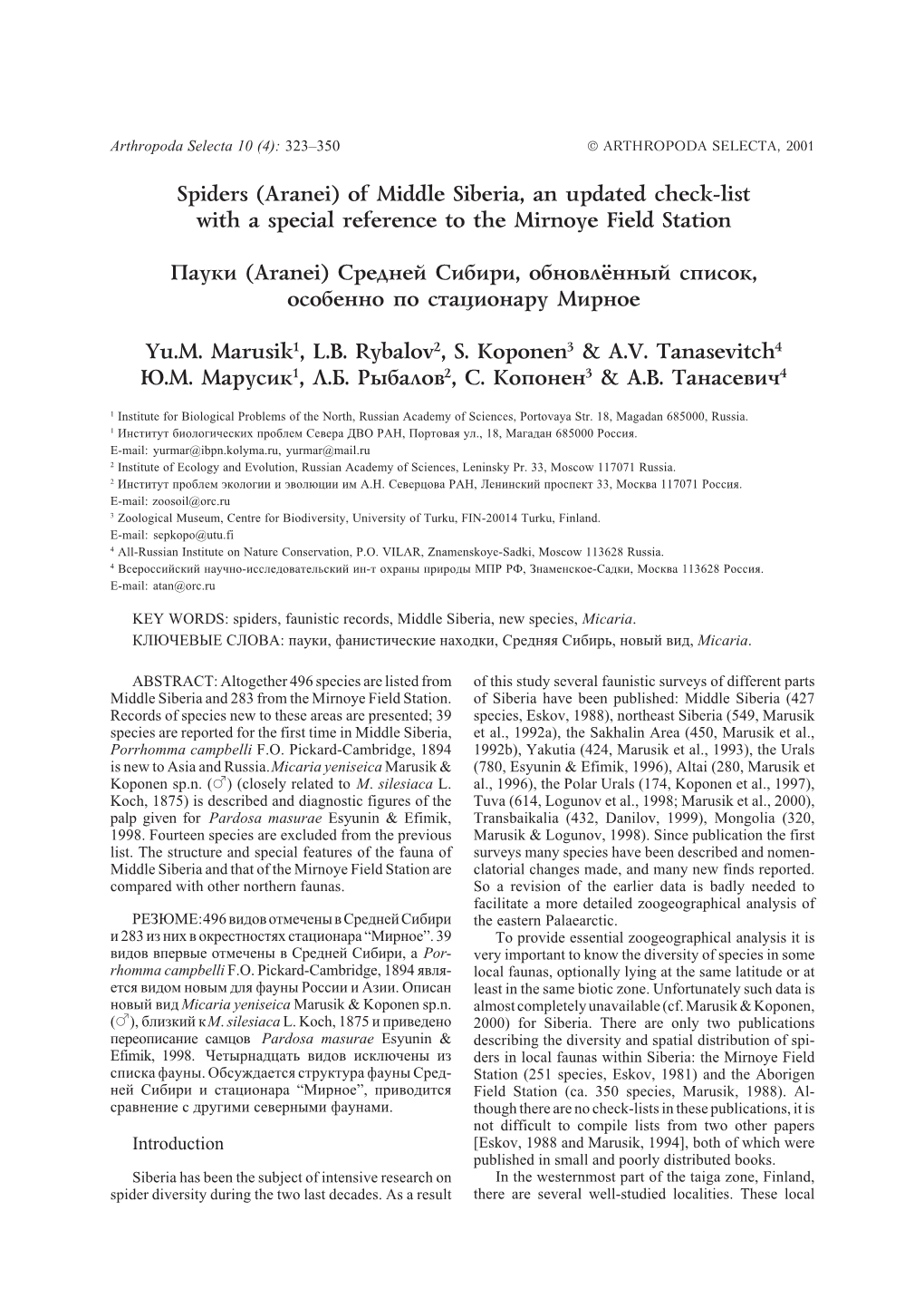 Spiders (Aranei) of Middle Siberia, an Updated Check-List with a Special Reference to the Mirnoye Field Station