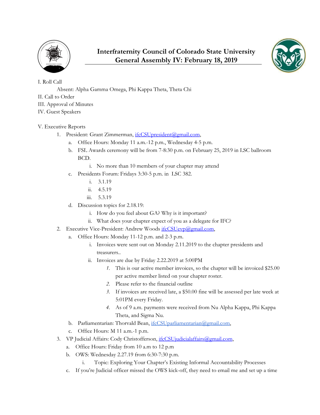 Interfraternity Council of Colorado State University General Assembly IV: February 18, 2019