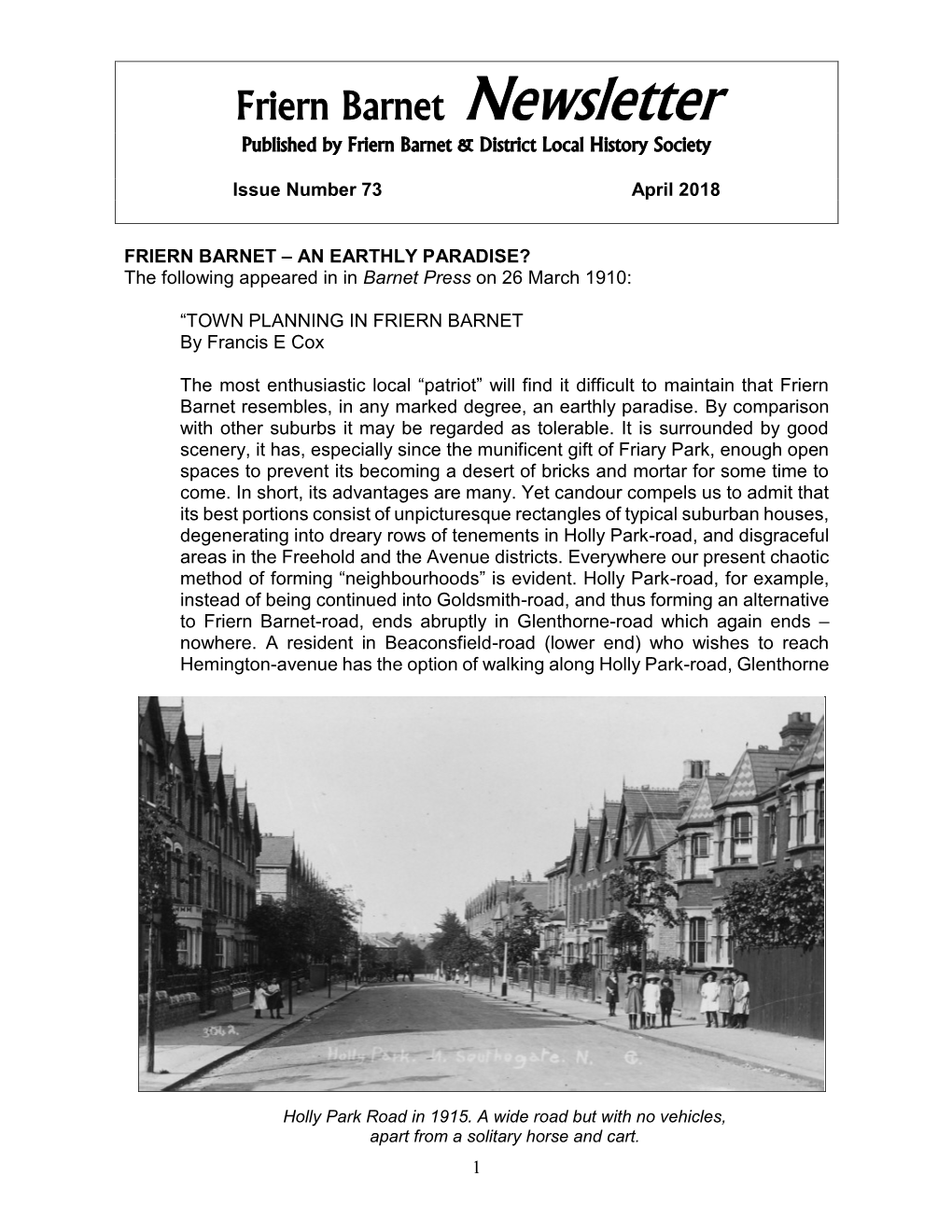 Friern Barnet Newsletter Published by Friern Barnet & District Local History Society