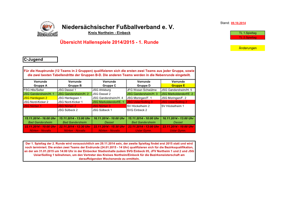 Niedersächsischer Fußballverband E. V. Kreis Northeim - Einbeck TL 1.Spieltag TL 2.Spieltag Übersicht Hallenspiele 2014/2015 - 1
