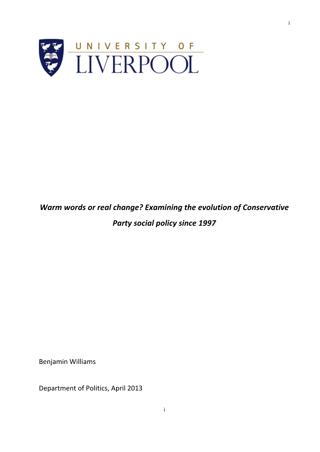 `The Evolution of Conservative Party Social (Particularly Welfare) Policy