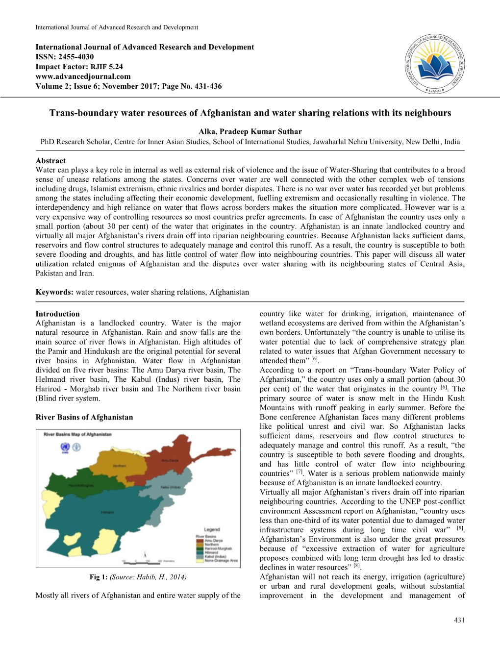 Trans-Boundary Water Resources of Afghanistan and Water Sharing Relations with Its Neighbours