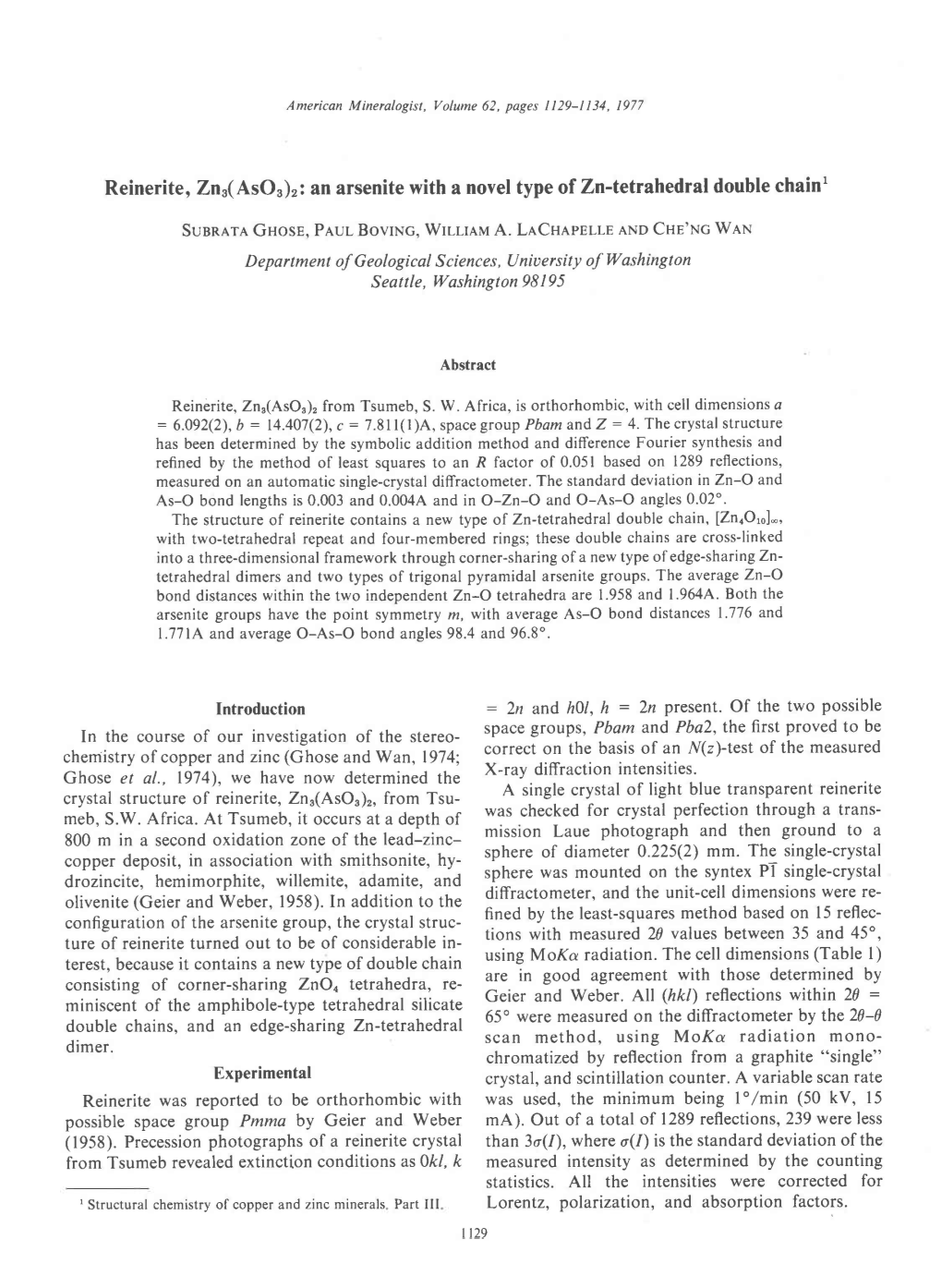 Reinerite, Zng(Asoa)2T Br Trs€Rite with a Novel Type of Zn-Tehahedral