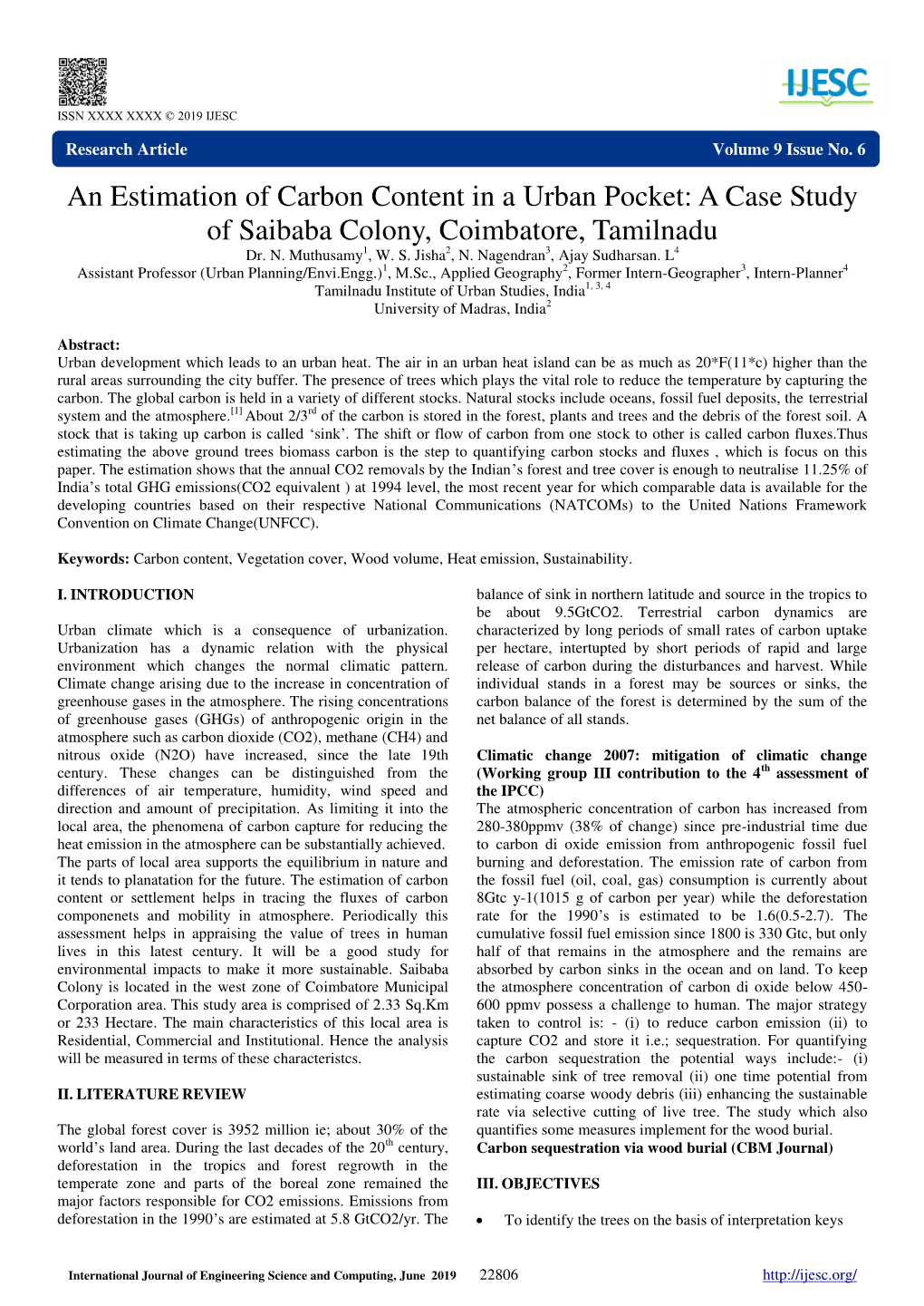 An Estimation of Carbon Content in a Urban Pocket: a Case Study of Saibaba Colony, Coimbatore, Tamilnadu Dr