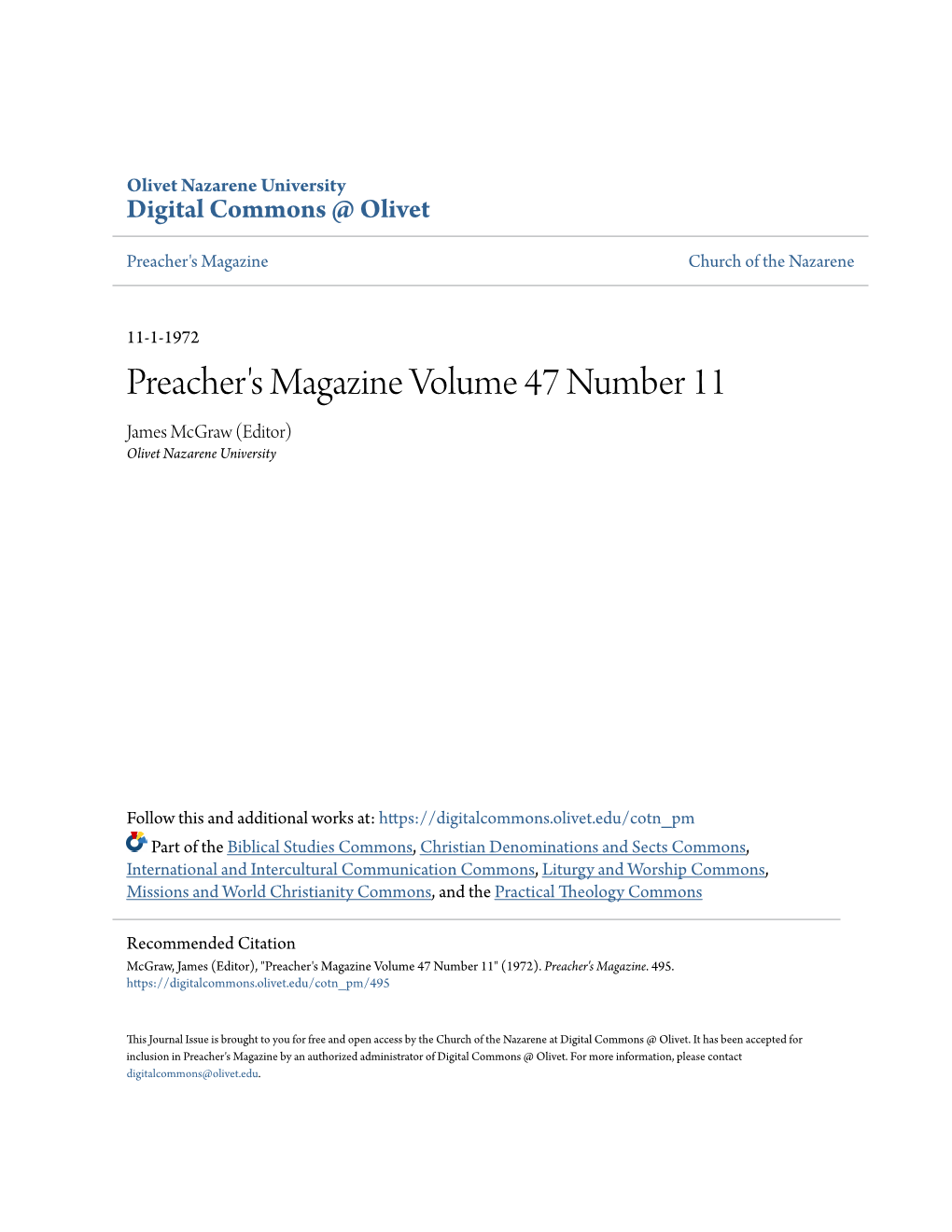 Preacher's Magazine Volume 47 Number 11 James Mcgraw (Editor) Olivet Nazarene University
