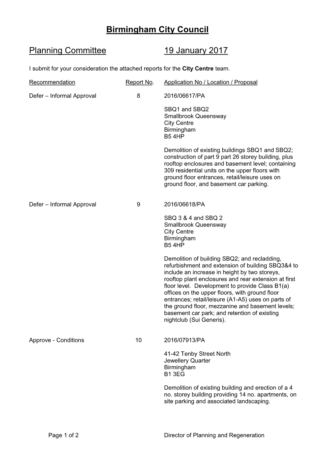 Birmingham City Council Planning Committee 19 January 2017