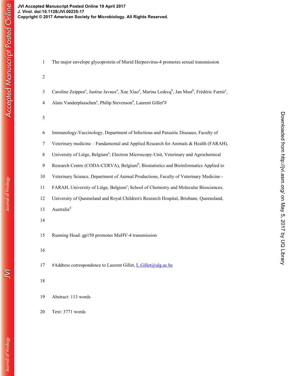 The Major Envelope Glycoprotein of Murid Herpesvirus-4 Promotes Sexual Transmission