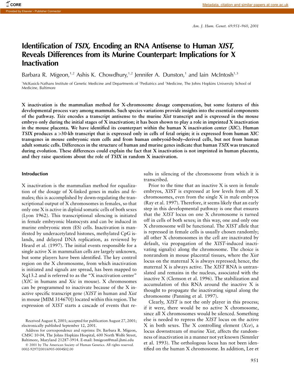 Identification of TSIX, Encoding an RNA Antisense to Human XIST