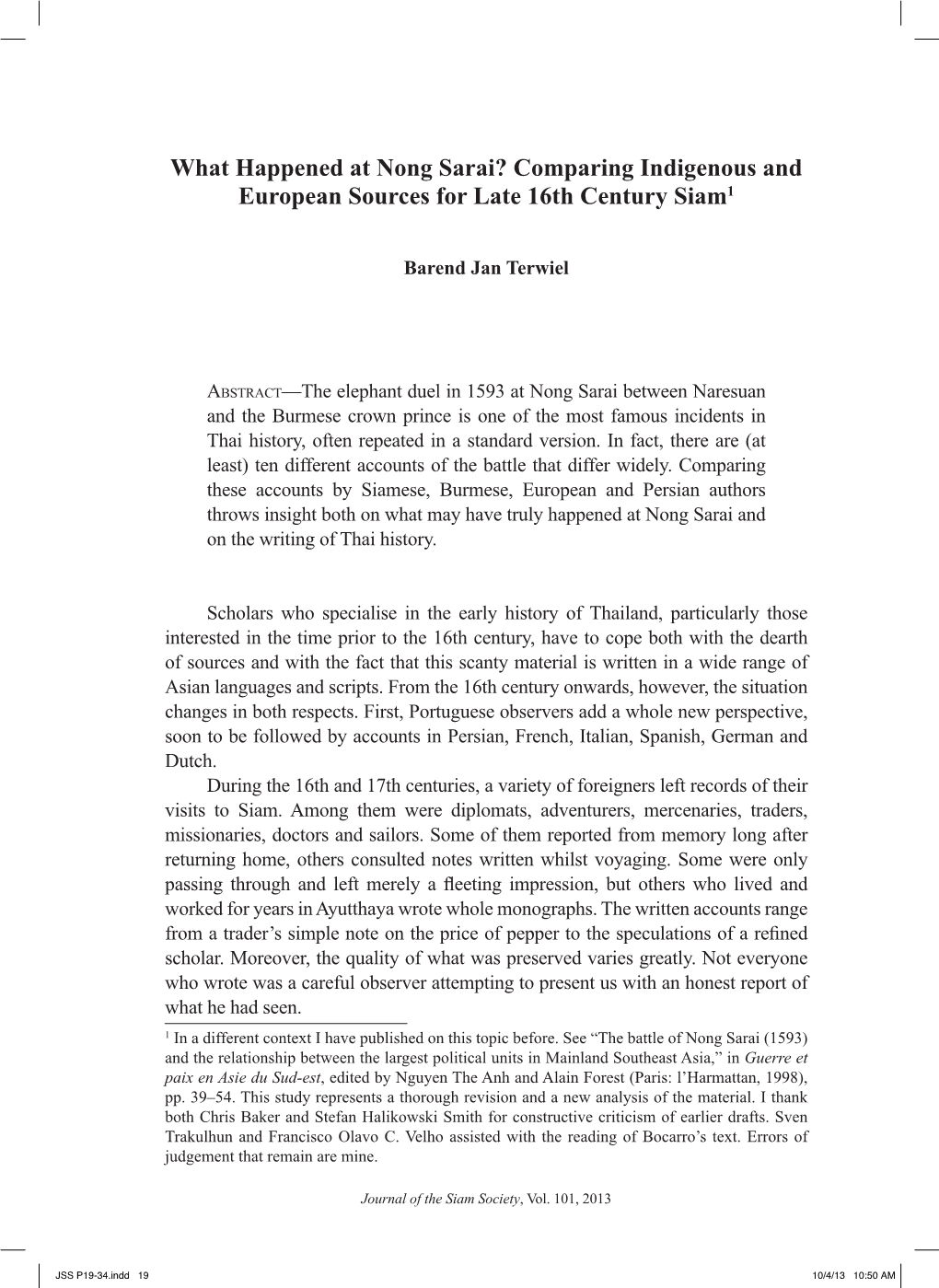 What Happened at Nong Sarai? Comparing Indigenous and European Sources for Late 16Th Century Siam1