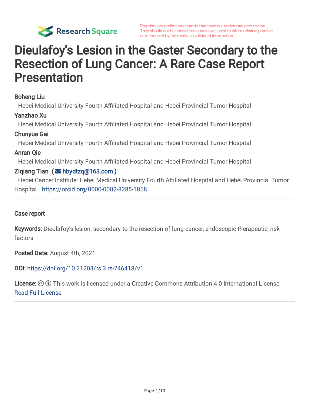 Dieulafoy's Lesion in the Gaster Secondary to the Resection of Lung Cancer: a Rare Case Report Presentation