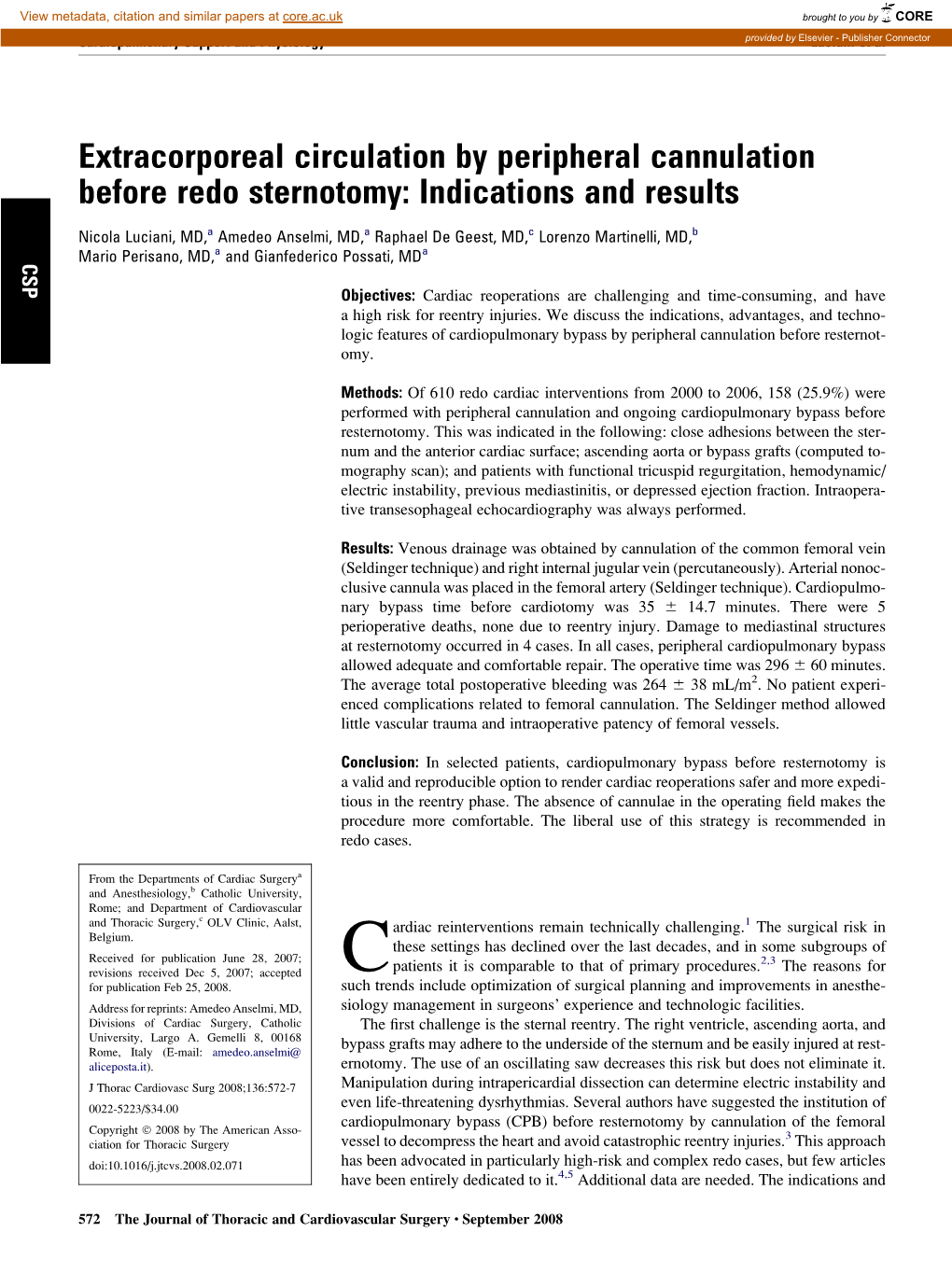 Extracorporeal Circulation by Peripheral Cannulation Before Redo Sternotomy: Indications and Results