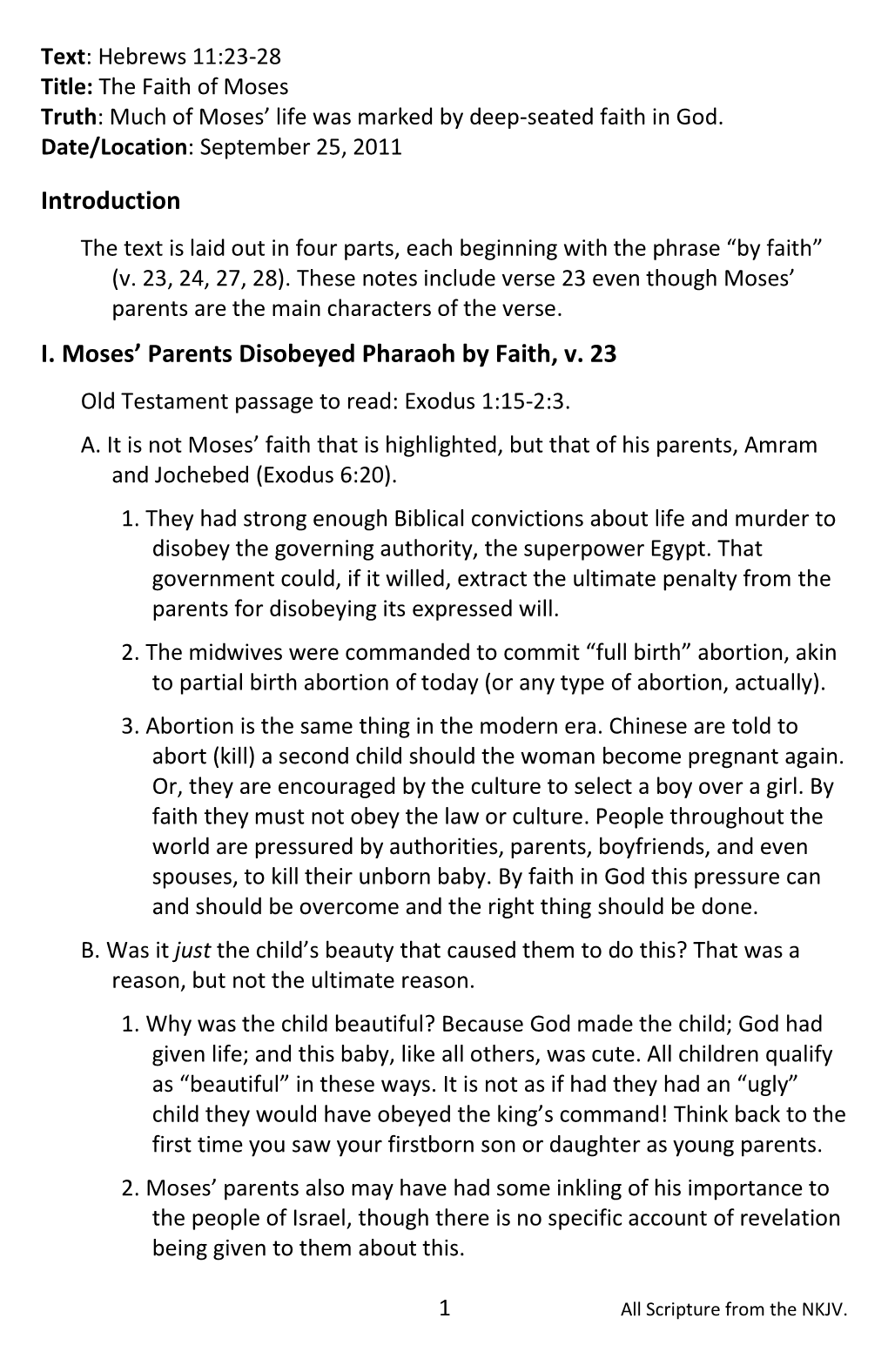 Introduction I. Moses' Parents Disobeyed Pharaoh by Faith, V. 23