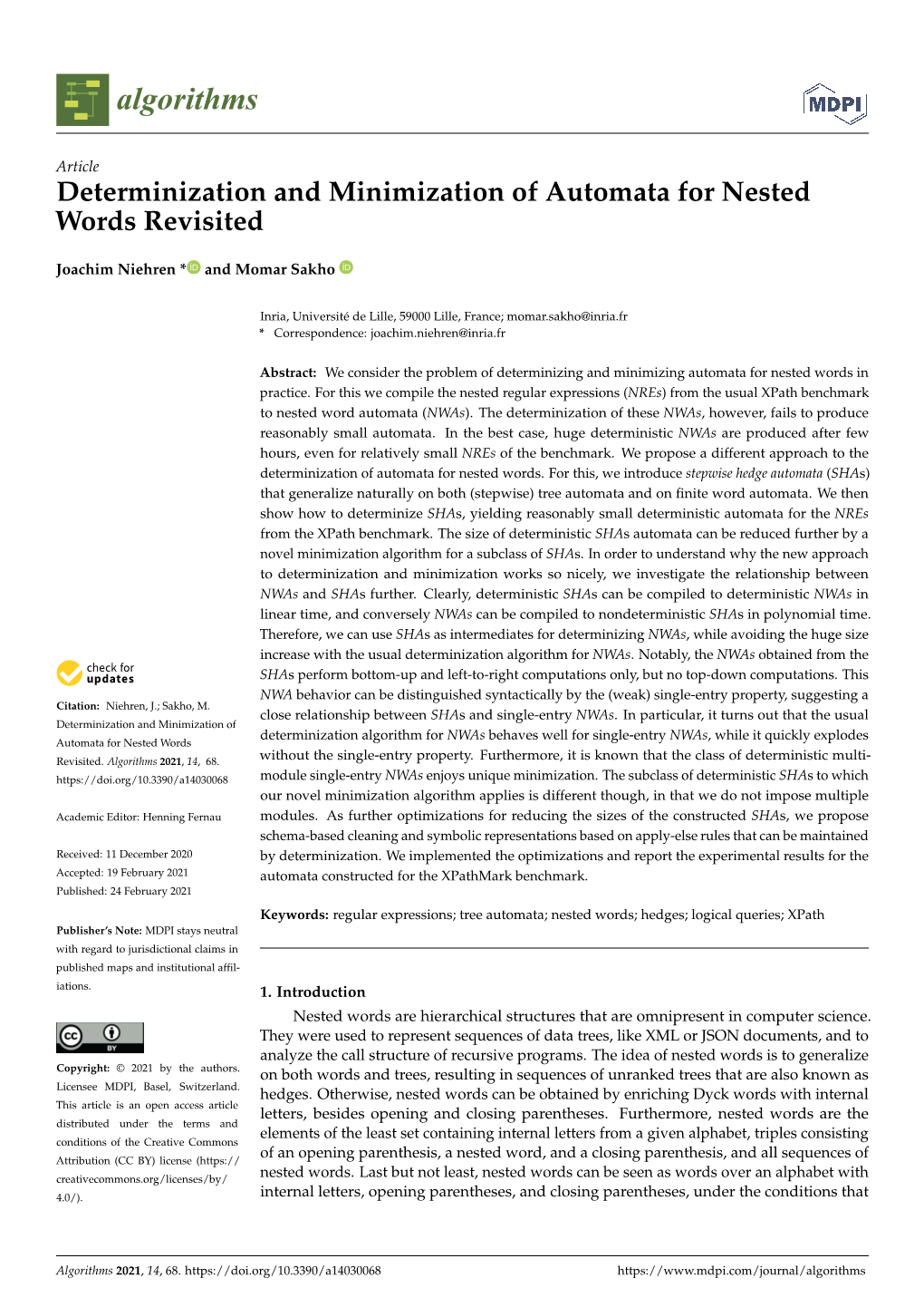 Determinization and Minimization of Automata for Nested Words Revisited