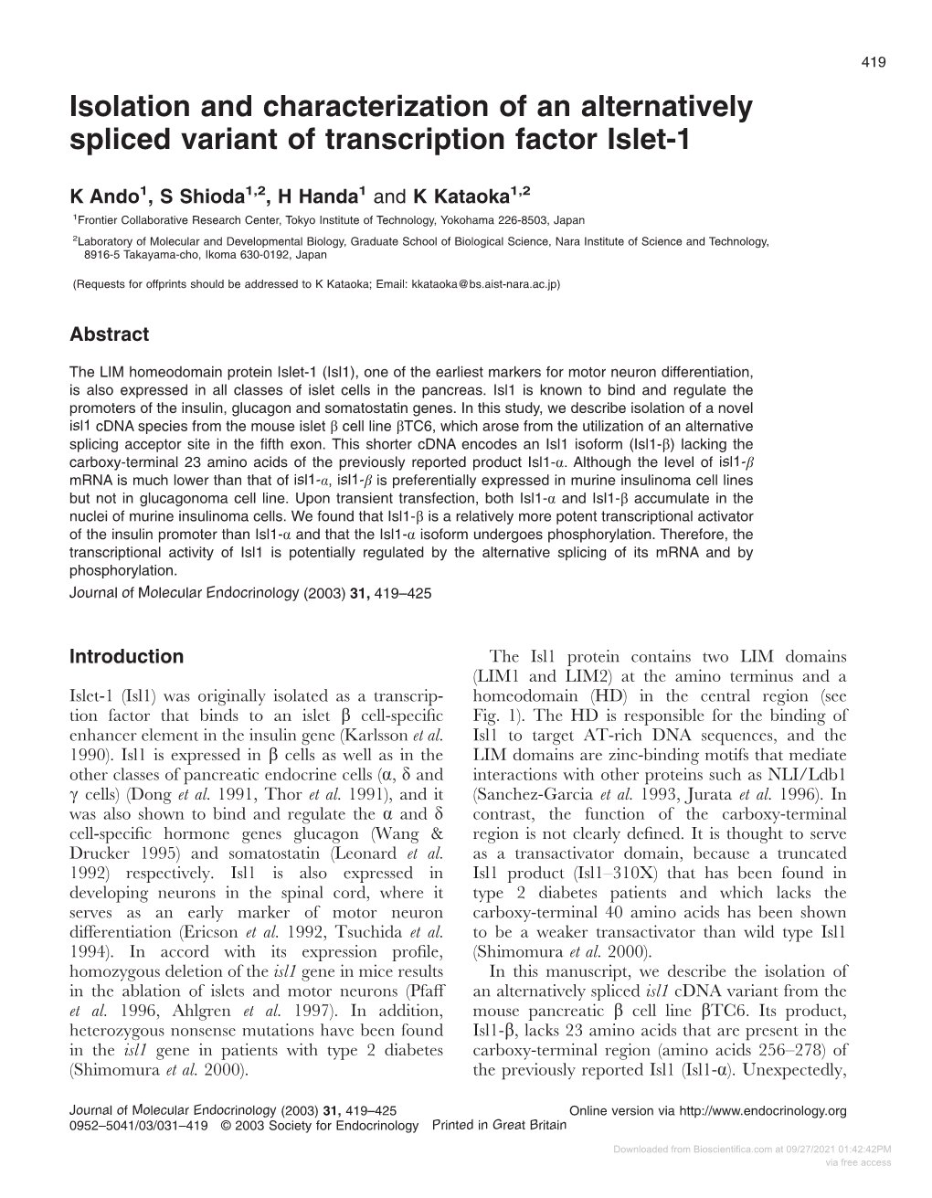 Isolation and Characterization of an Alternatively Spliced Variant of Transcription Factor Islet-1