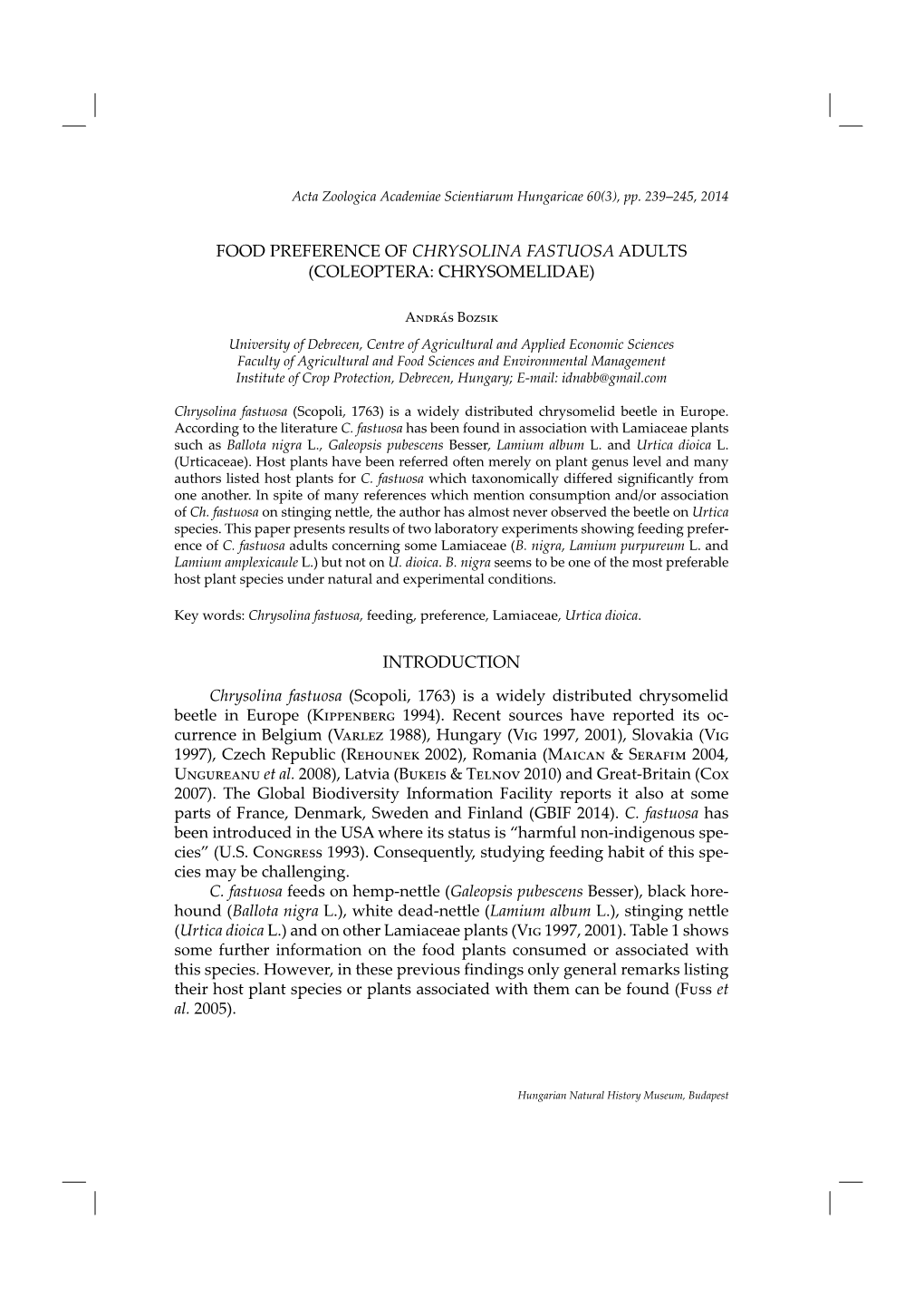 Food Preference of Chrysolina Fastuosa Adults (Coleoptera: Chrysomelidae)