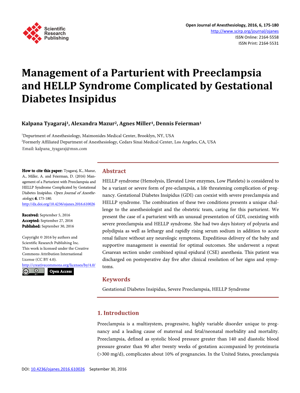 Management of a Parturient with Preeclampsia and HELLP Syndrome Complicated by Gestational Diabetes Insipidus