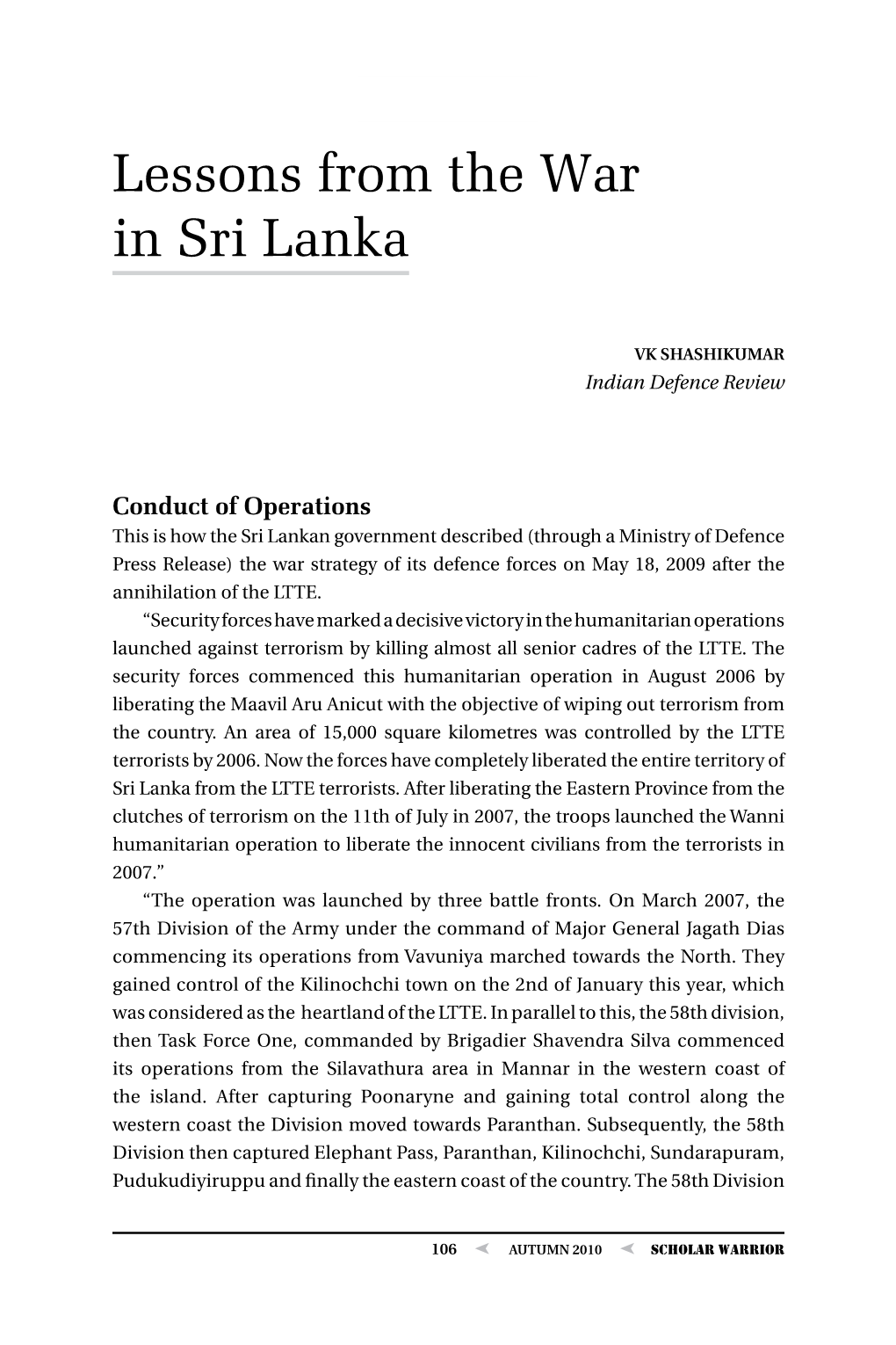 Lessons from the War in Sri Lanka, by V K Shashikumar